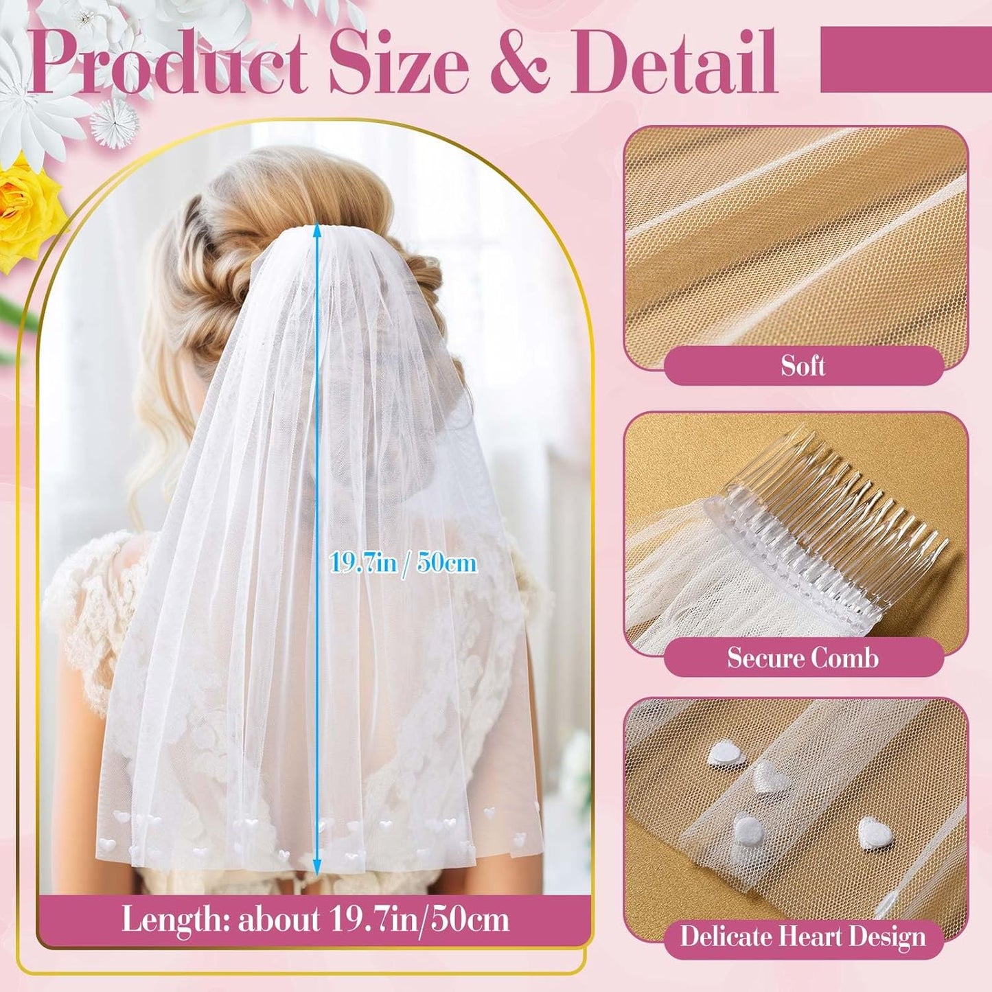 Vicenpal Bridal Bachelorette Veil with Comb Wedding Veils for Brides White Short Veil for Bachelorette Party
