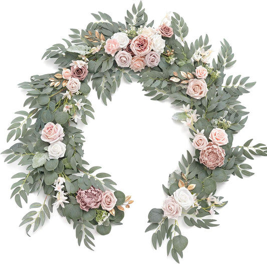 Ling's Moment Flower Garland - 6FT Eucalyptus & Rose - Pink Sweetheart Table Decor for Wedding Reception, Artificial Floral Garland for Mantle, Thanksgiving, Christmas Decoration, Dusty Rose