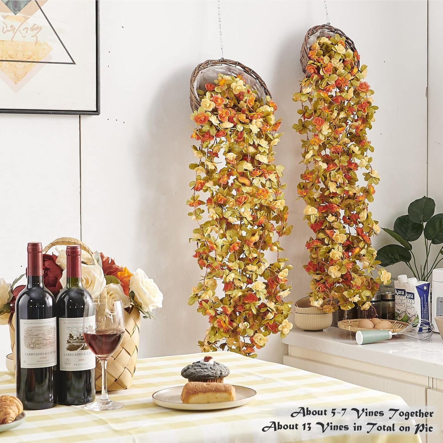 8 Pcs x 8.2 ft Flower Garland Artificial Rose Vine Flowers with Green Leaves Hanging Fake Roses Vine for Room Party Home Wedding Birthday Christmas Wall Arch Decor, Fall Champagne Flower