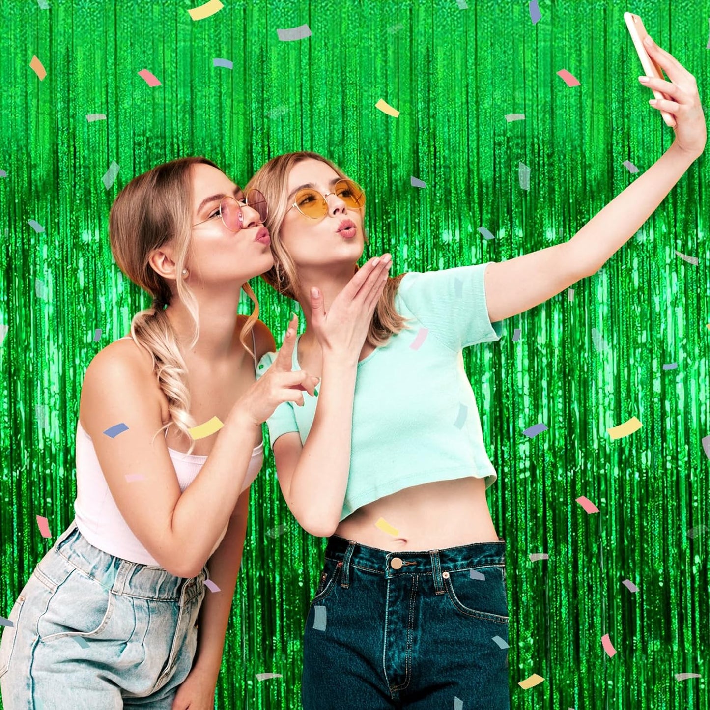 3 Pack Green Foil Fringe Curtain Backdrop, 3.28Ft x 8.2Ft Metallic Tinsel Foil Fringe Streamer Curtains for Photo Booth, Mother's Day, Easter, Birthday, Wedding Party Decorations