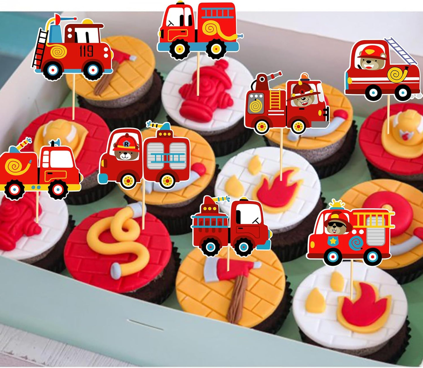 24pcs Fire Truck Cupcake Toppers Bear Firefighter Fire Truck Birthday Decorations Fireman Birthday Party Decorations