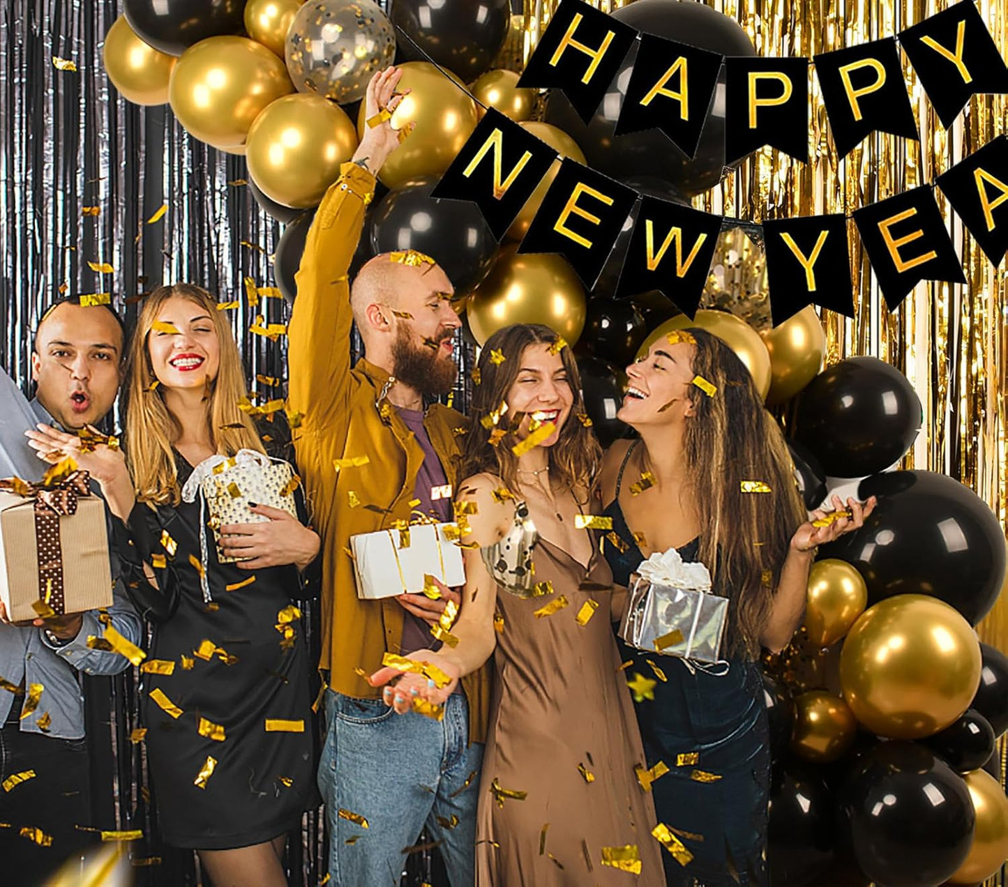 Metallic Tinsel Foil Fringe Curtains Backdrop Black Gold, 2 Pcs 3.28 ft x 6.56 ft Streamers for Birthday Party Graduation New Years Decorations Indoor Outdoor Photo Booth Windows Decoration Supplies