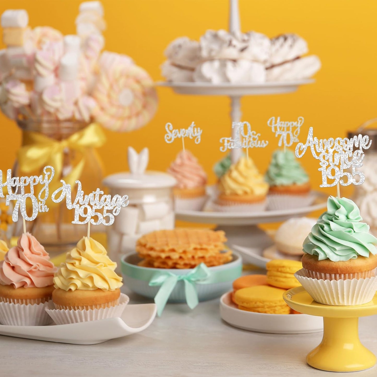30Pcs Happy 70th Birthday Cupcake Toppers Glitter Seventy Vintage 1955 Cupcake Picks Cheers to 70 Fabulous Cake Decorations for 70th Birthday Wedding Anniversary Party Supplies Silver