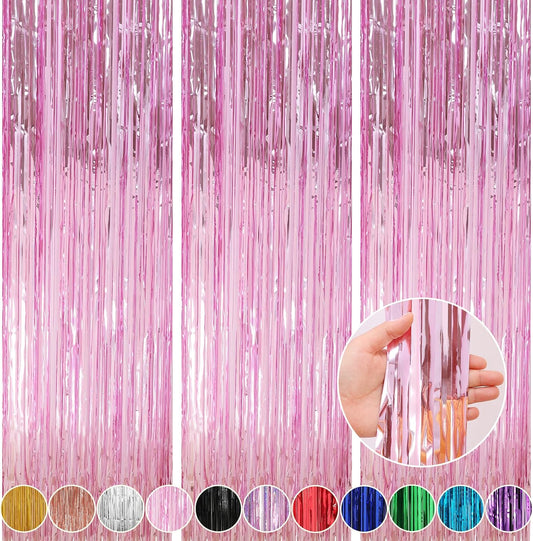 Crosize 7 Pack 3.3 x 9.9 ft Pink Foil Fringe Glitter Curtains Party Decorations, Tinsel Backdrop for Parties, Door Streamers for Birthday, Photo Booth Backdrops, Party Decor