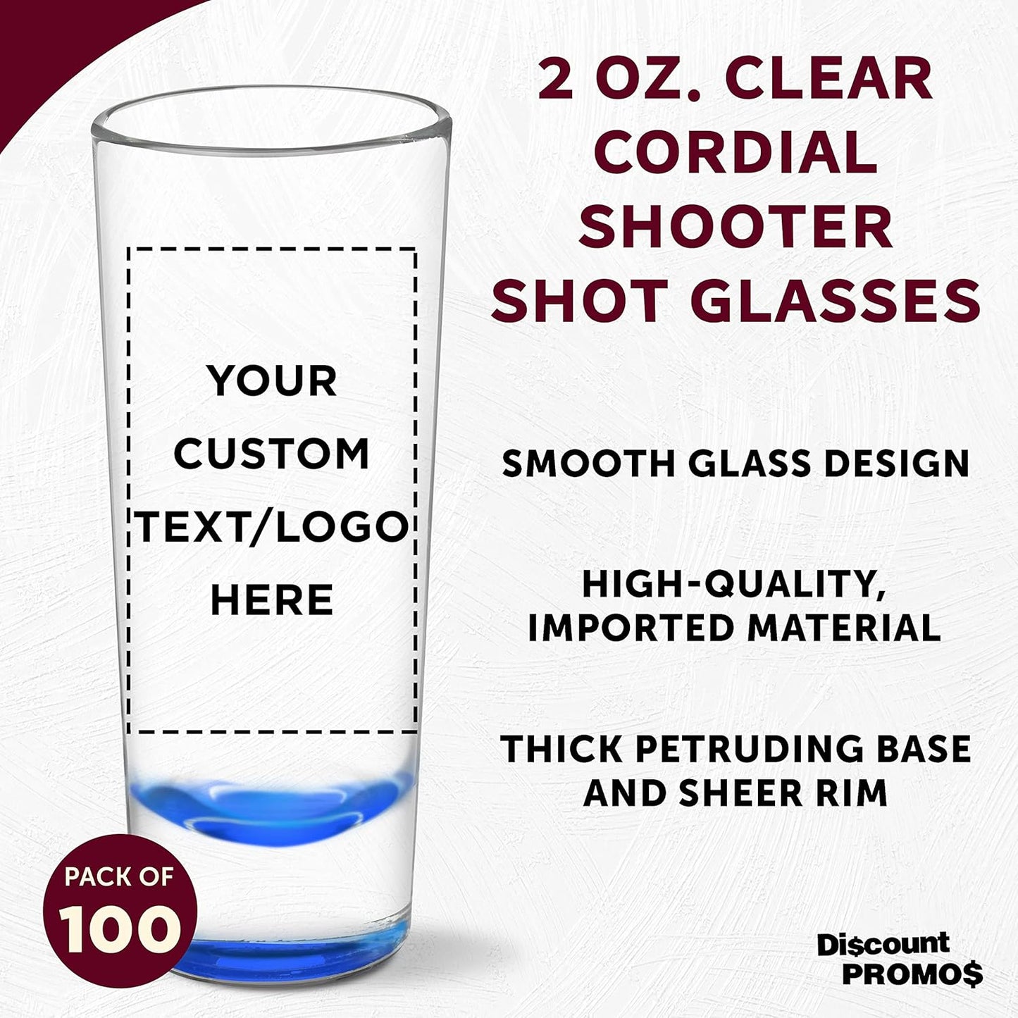 Custom Cordial Shooter Shot Glasses 2 oz. Set of 100, Personalized Bulk Pack - Great for Birthdays, Parties, Indoor & Outdoor Events - Blue
