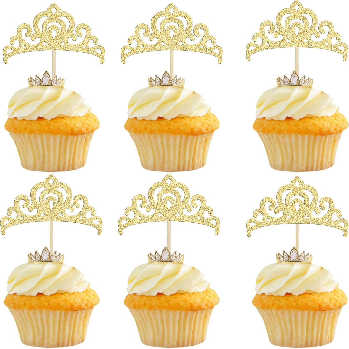 Gyufise 24Pcs Gold Princess Crown Cupcake Toppers Glitter Princess Cake Pick Decorations for Wedding Girl Birthday Baby Shower Party Decorations Light Gold