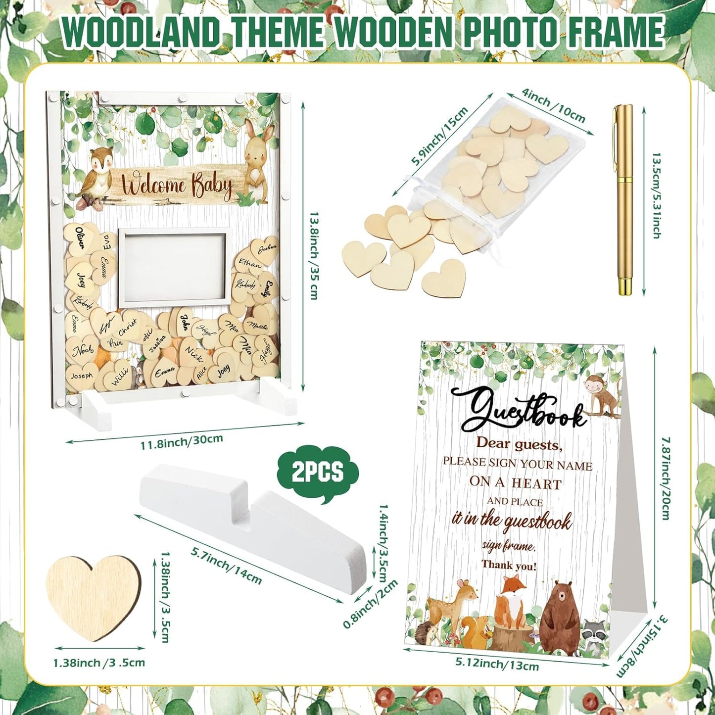 65 Pcs Woodland Animal Baby Shower Guest Book Alternatives He or She Gender Reveal Baby Shower Decorations Sign in Guest Book with Picture Frame and 60 Wooden Chip