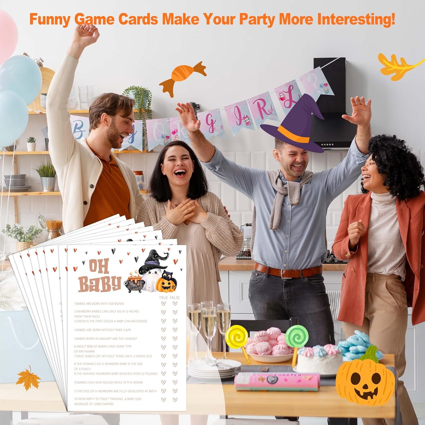 Baby Shower Games, Halloween Oh Baby True or False, 25 Double-Sided Game Cards + 1 Answer Card for Gender Reveal Party Decorations Supplies Announcement - B04