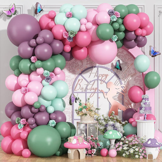 Fairy Balloon Arch Kit 120Pcs Sage Green Pink Purple Balloons Garland Dusty Green Lavender Lilac Birthday Party Balloons for Girls Butterfly Garden Wildflower Floral Bridal Baby Shower Decorations