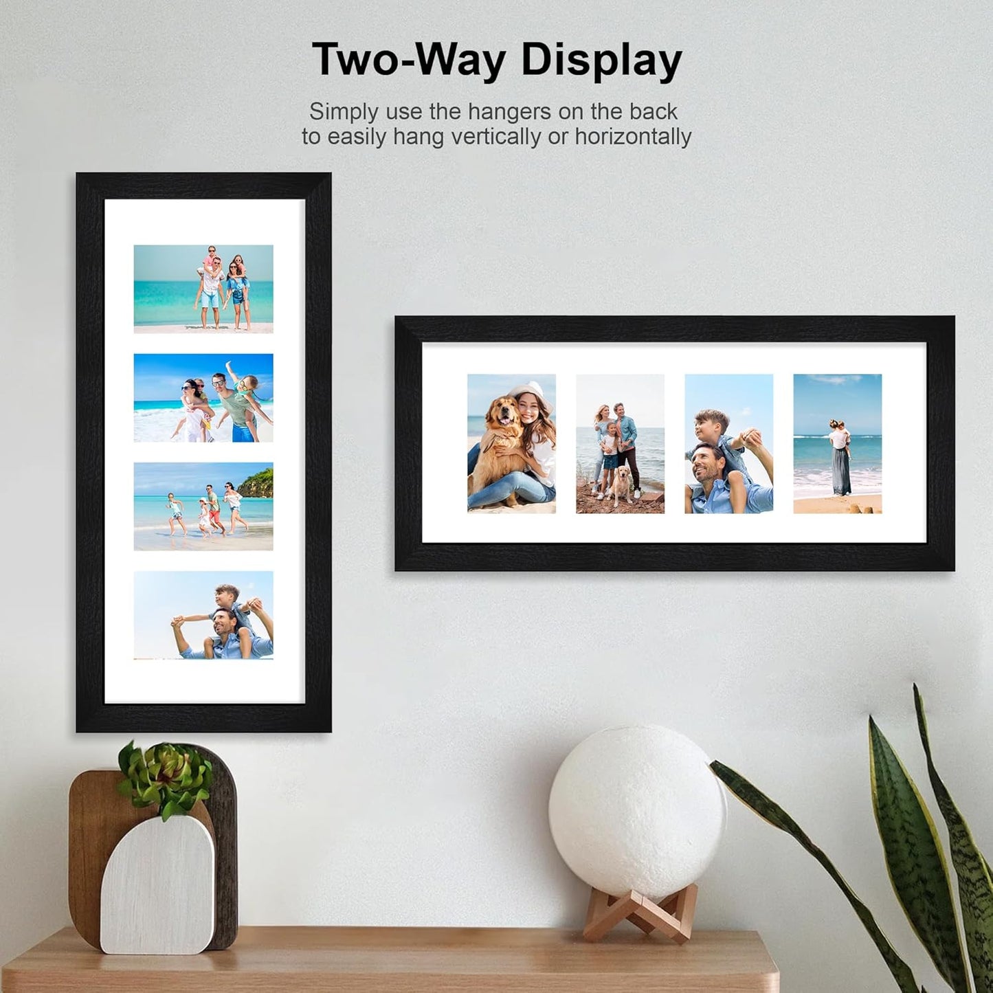 8x20 Picture Frame Set of 2, Rustic Black Wood Frame with Tempered Glass Collage Frame, Display Pictures Four 4x6 With Mat or 8 x 20 Without Mat - Horizontal or Vertical Wall Mounting