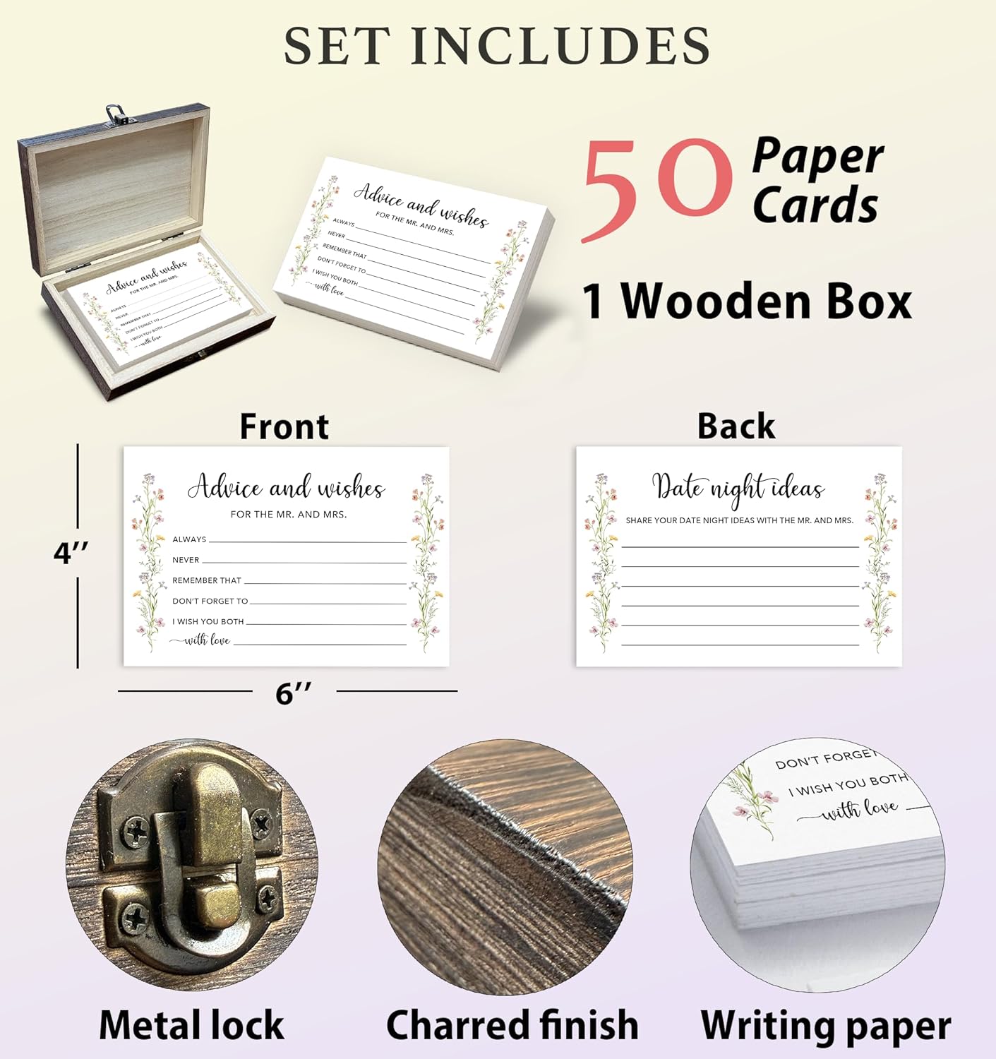 Advice and Wishes for the Mr and Mrs Box - 50 Pcs Wedding Advice Cards Bridal Shower Game Cards Reception Guest Book for Bride Groom Newlywed Engagement Party Decoration(Wildflower) -A04