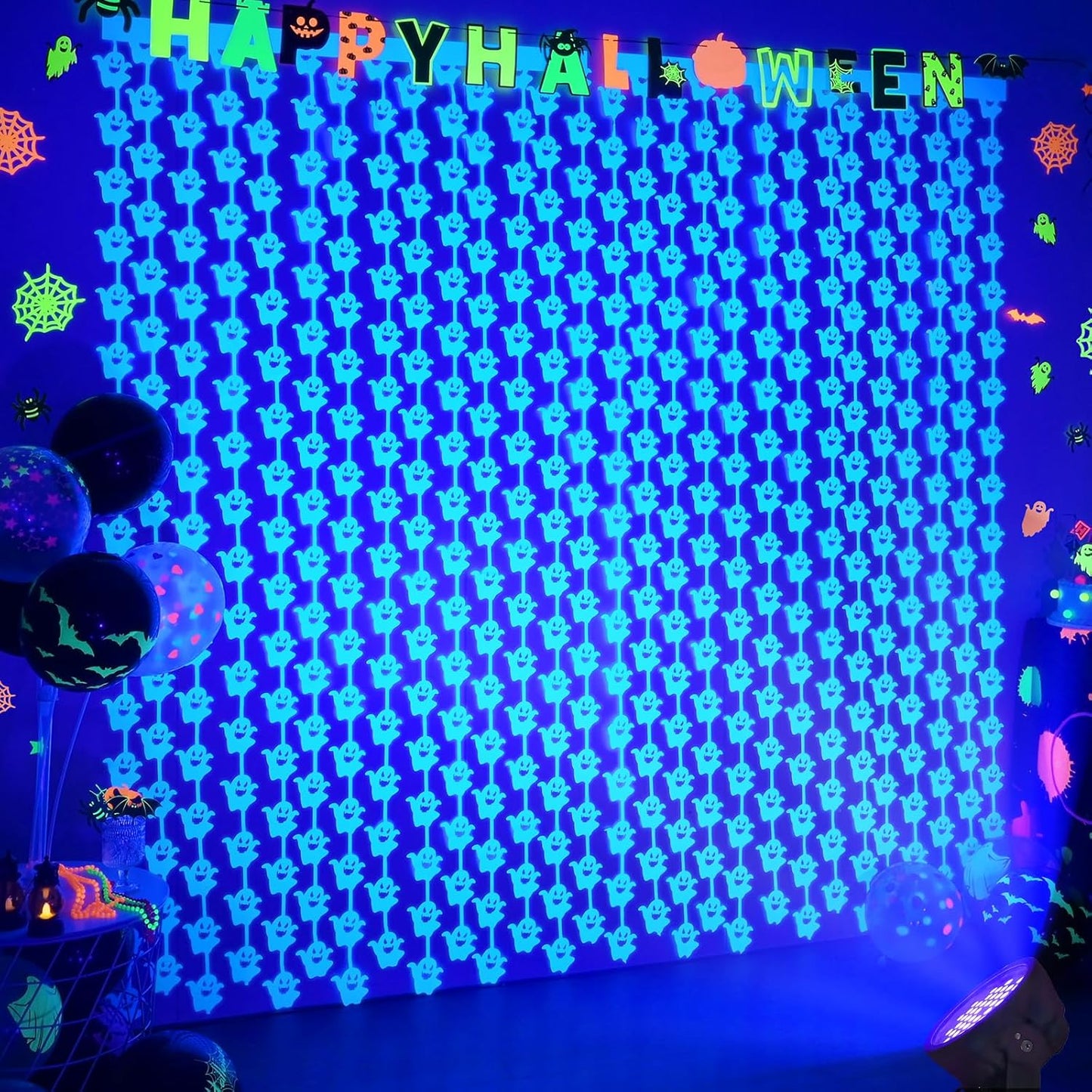 Neon Halloween Party Decorations, 2 Pack Glow in The Dark Party Supplies 3.3 x 6.6 ft Fluorescent Blue Ghost Curtains, Photo Booth Prop Backdrop Streamer, Halloween Birthday Party Decor