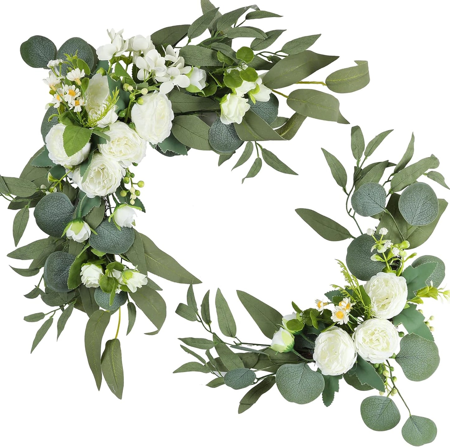 H&W 2pcs Artificial Wedding Arch Flowers for Wedding Sign, Floral Swag Dusty Decor for Reception Ceremony Backdrop(Willow Leaves-Peony-White)