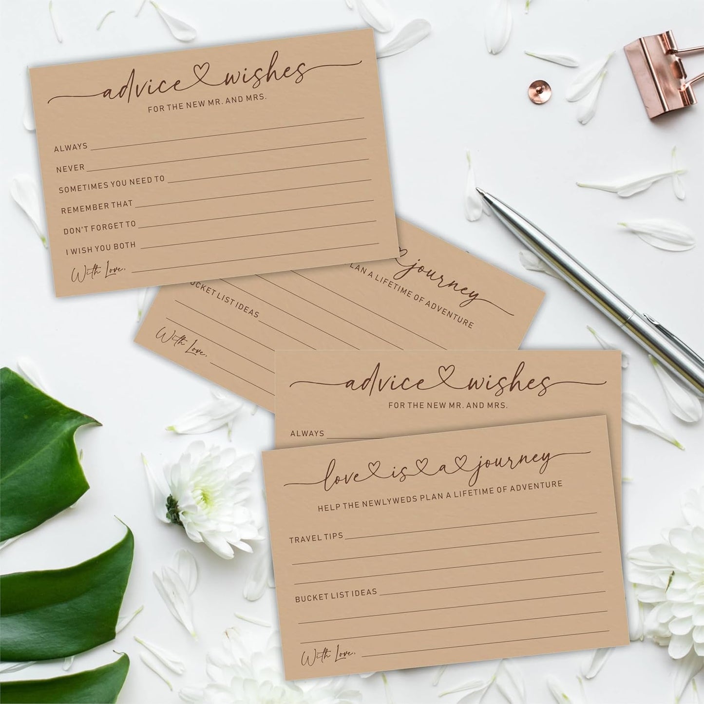 Wedding Advice Cards -Pack Of 30 Wishes For The New Mr & Mrs Wedding,Love Is A Journey Cards - Bride and Groom Newlyweds Bridal Shower Party Decoration,Games(Brown) - A03