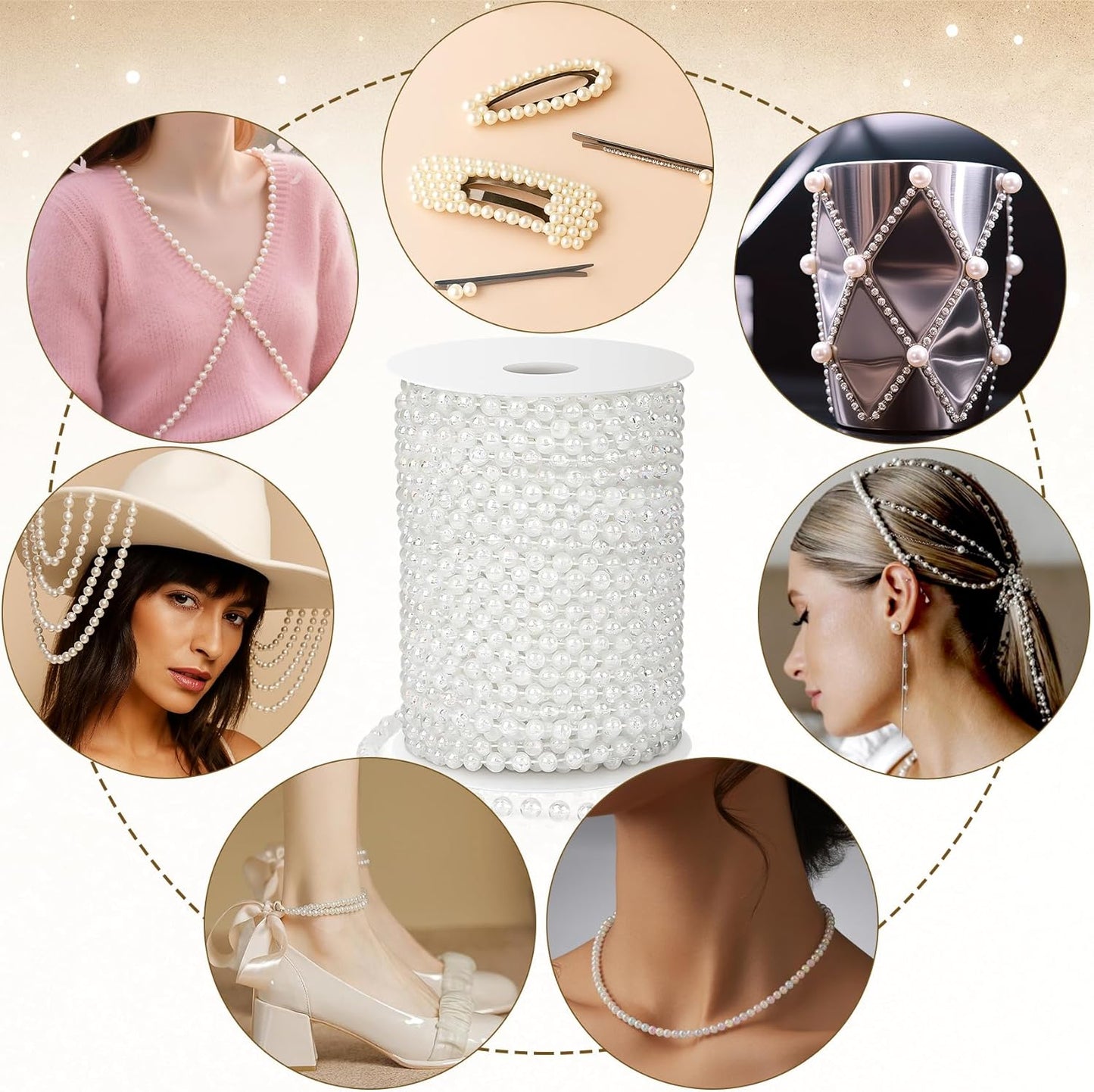 Pearl Beads Garland, 6 MM Clear Faux String of Pearls, Pearl Garland for Christmas Tree 82FT Pearl Beads Strand Spool Bead Roll for Crafts Floral Centerpieces Wedding Party Christmas Tree Decorations