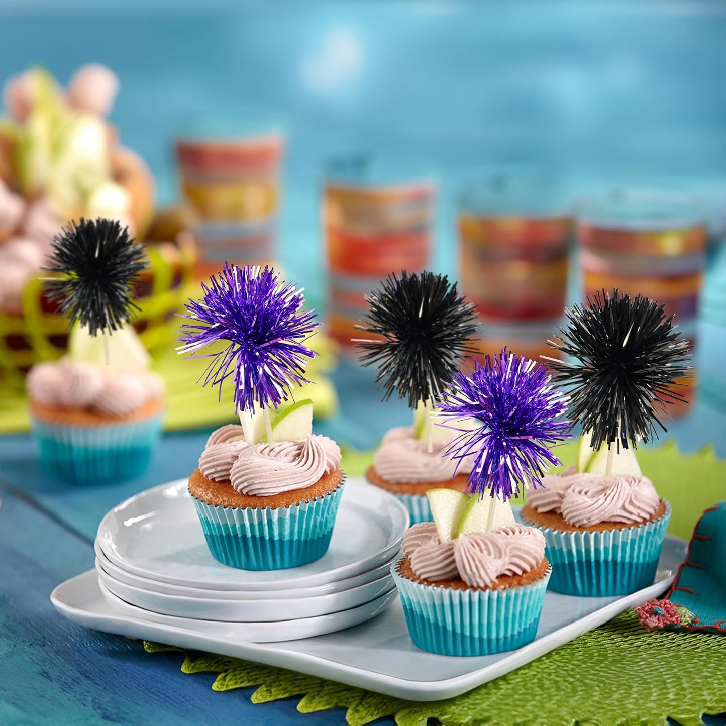 Gyufise 30Pcs Foil Firework Cupcake Toppers Sparkle Tinsel Cake Toppers Tinsel Drink Cake Decoration Cocktail Picks for Birthday Wedding Graduation Party Supplies Black Purple