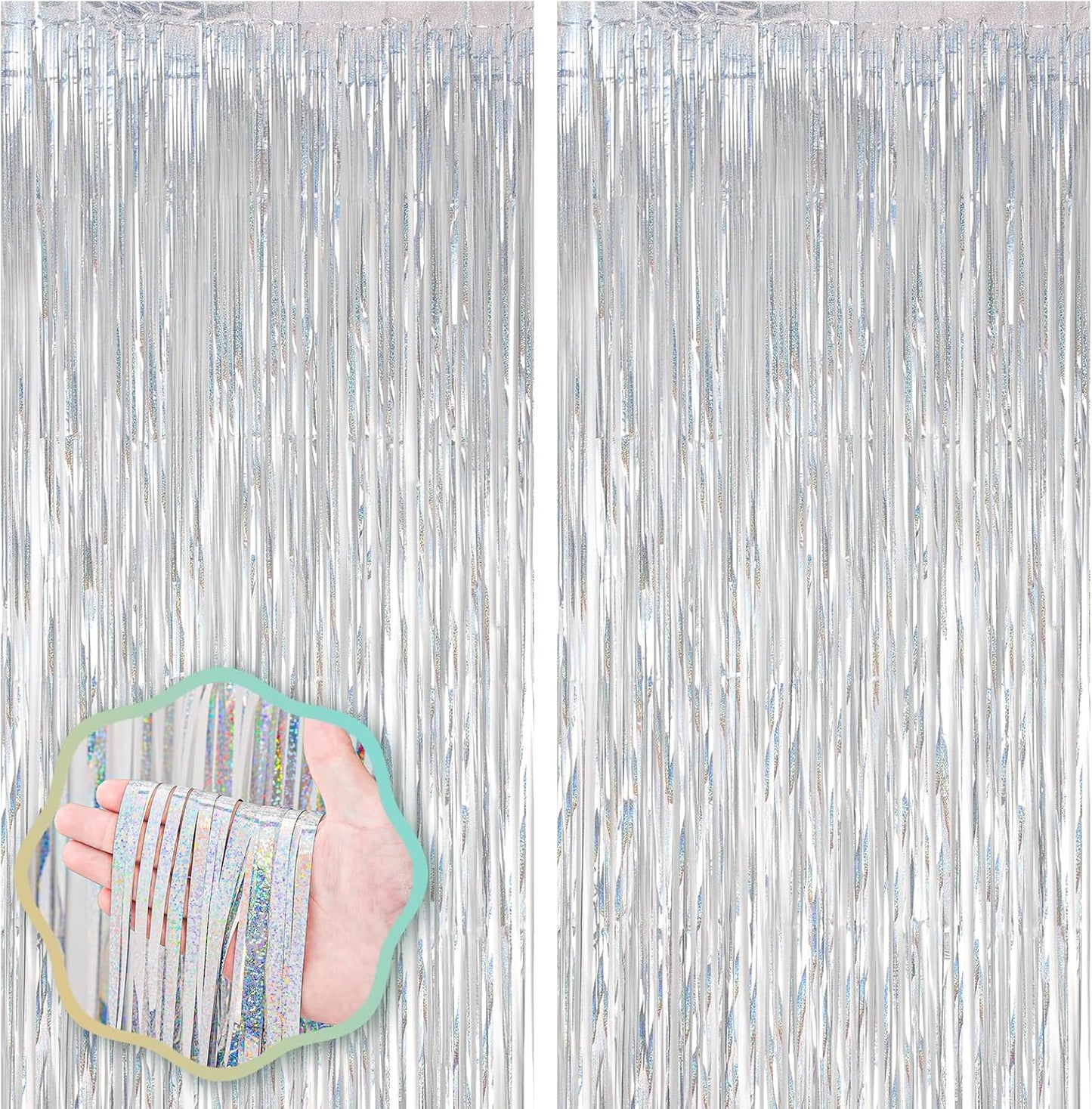 2 Pack Laser Silver Foil Fringe Backdrop Curtains, Tinsel Streamers Birthday Party Decorations, Fringe Backdrop for Graduation, Baby Shower, Gender Reveal, Disco Party