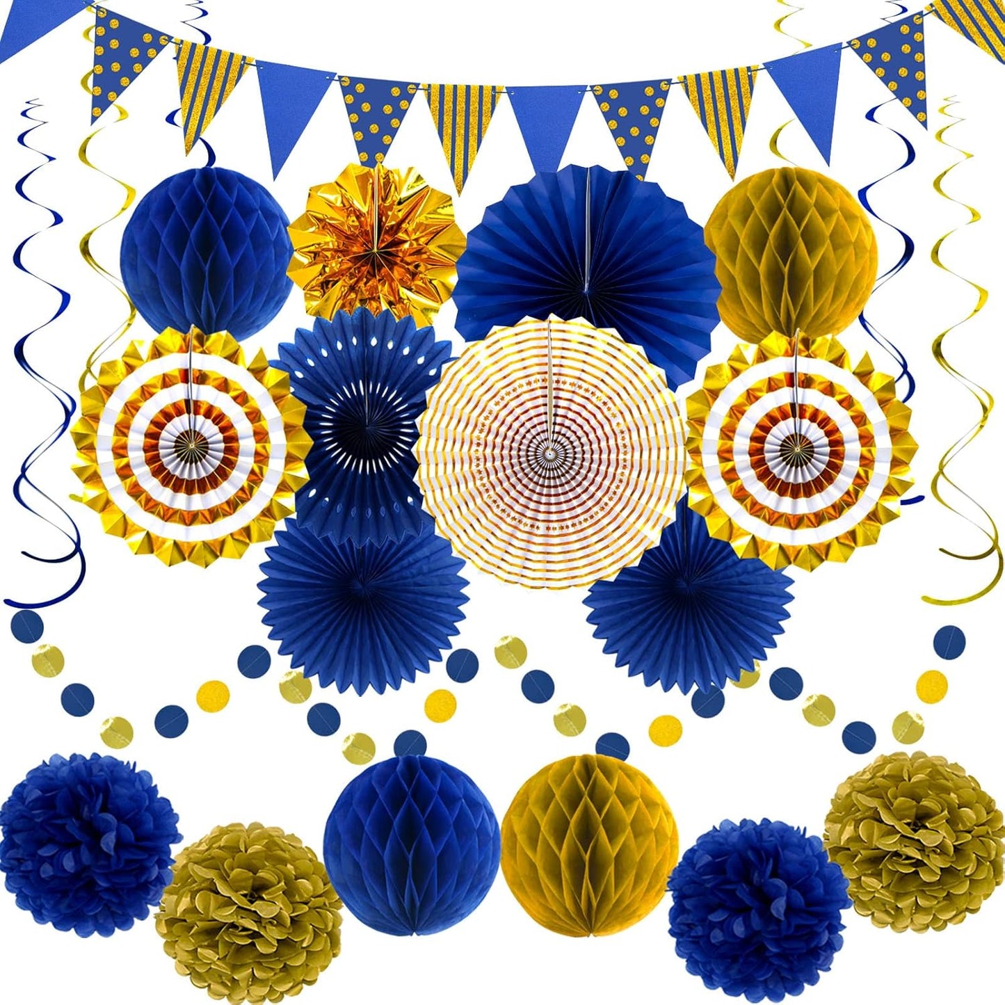 Blue Gold Party Decorations Paper Fans, Graduation Season Hanging Glitter Triangle Flags Banner Hanging Paper Fan Happy Birthday Banners and Triangular Flag, Bridal Shower,Blue Themed Birthday