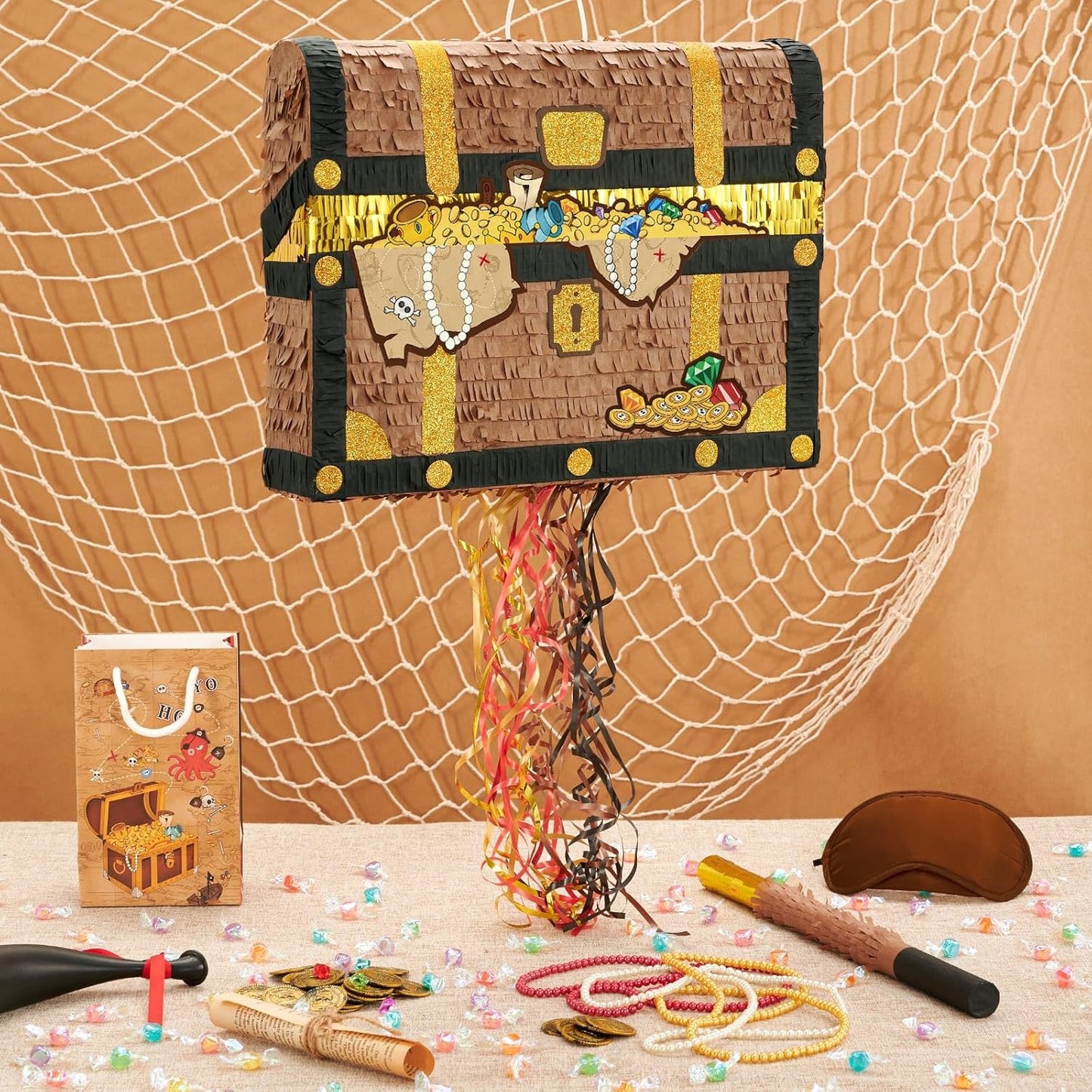 WERNNSAI Treasure Chest Piñata - Pull String Pirate Themed Piñata with Blindfold and Bat Adventure Birthday Party Decoration for Boys Kids Family Games Piñata Adventure Theme Party Supplies