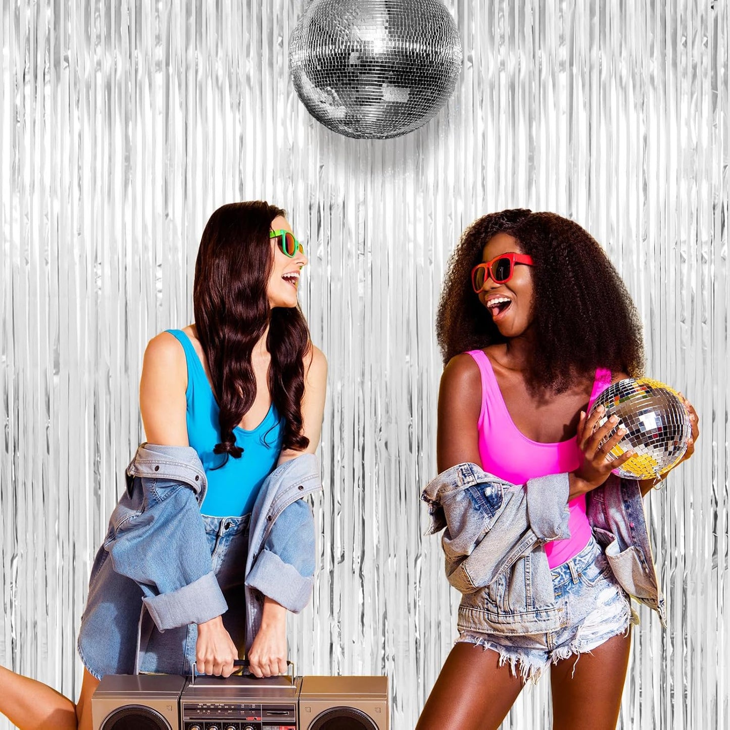 Silver Streamers Party Decorations - Thicken 4 Pack 3.2 x 8.2 FT - Black Tinsel Foil Fringe Backdrop Curtains, Photo Booth Props for Birthday, Graduation, Bachelorette, Prom, Engagement, Disco Party