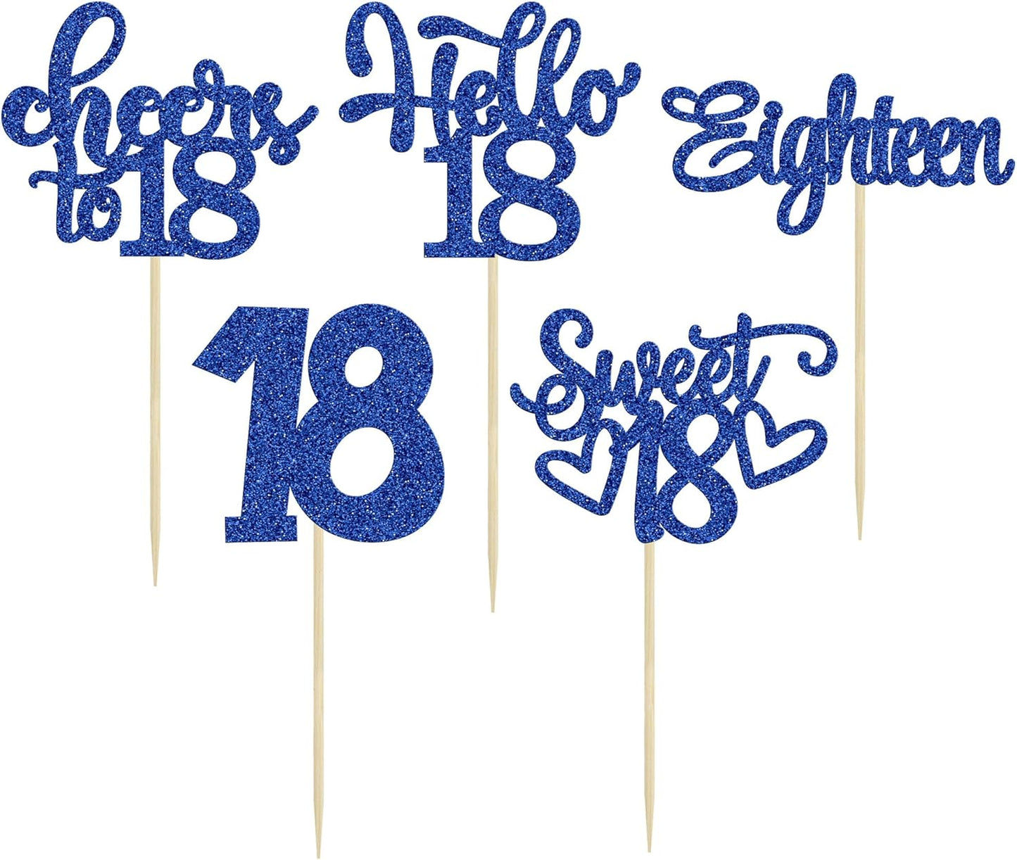 30Pcs18th Birthday Cupcake Toppers Eighteen Happy 18th Cupcake Picks Sweet 18 Cheers to 18 Cake Decorations for 18th Birthday Anniversary Party Supplies Deep Blue Glitter