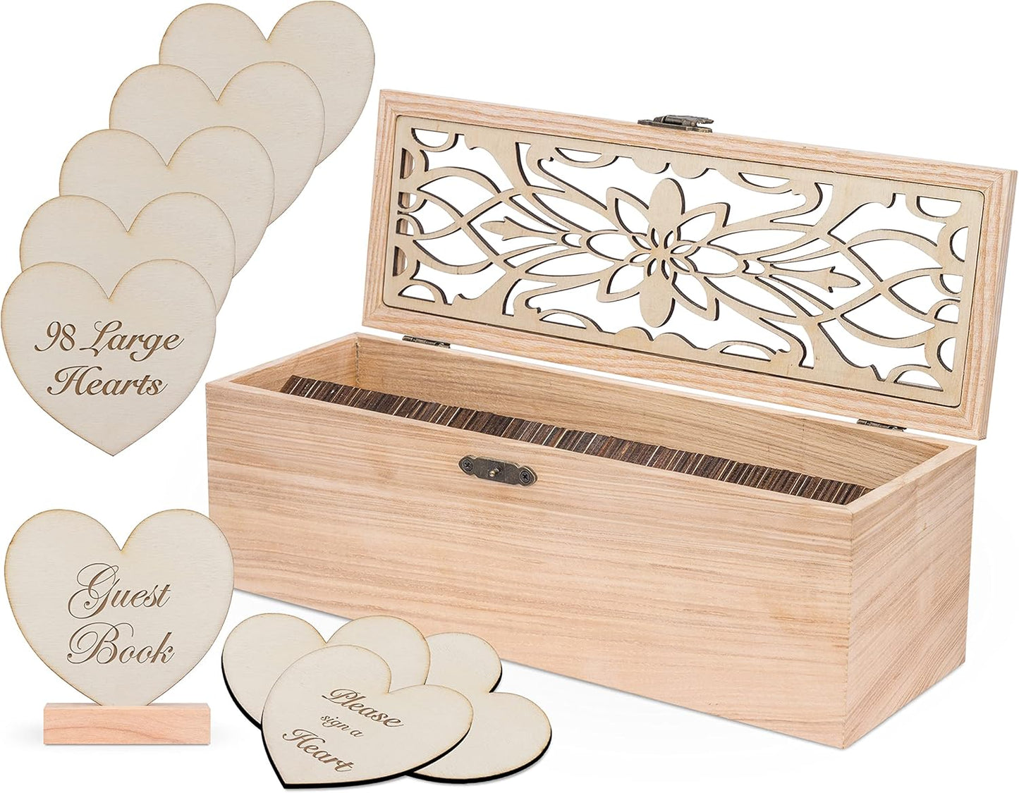 Alternative Guest Book Box - Wedding Guest book Alternative - 98 Large Wooden Hearts - Also for Baby Shower, Bridal Shower, Anniversary, Birthday, Retirement, Funeral Guest Book Alternatives - Pattern