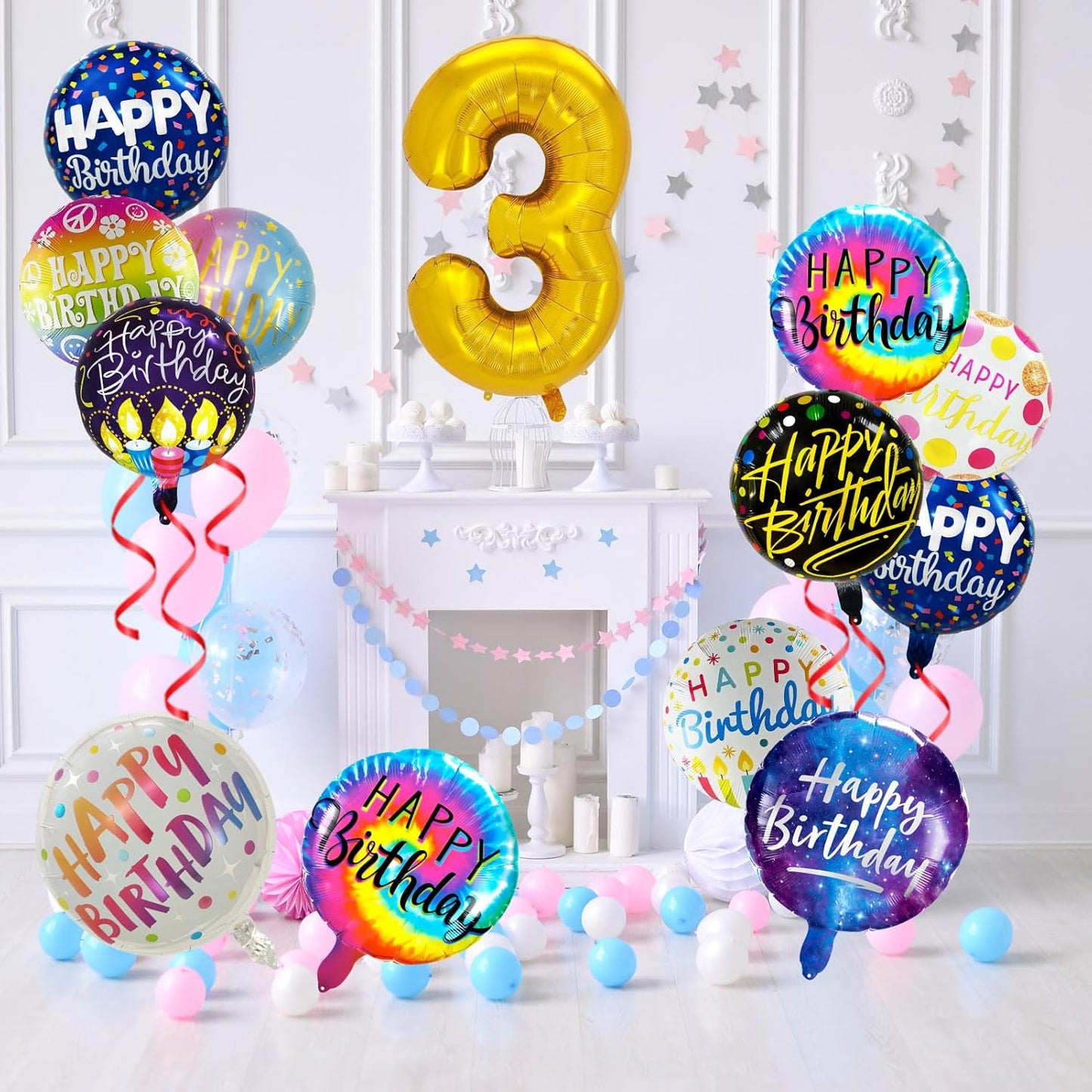 50 Pcs Happy Birthday Party Aluminum Foil Balloons and 3th Birthday Decorations, 18 Inch Round With Sign for Boys/Girls (3)