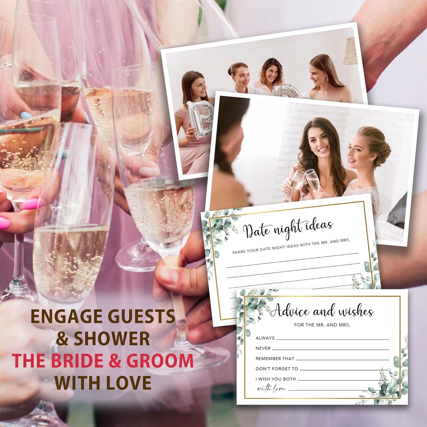 50 Pcs Advice and Wishes for the Mr and Mrs Cards in Box - Bridal Shower Guest Book - Perfect for Newlywed Games, Reception Decor, Engagement Parties & Anniversary Wishes(Greenery) -B09