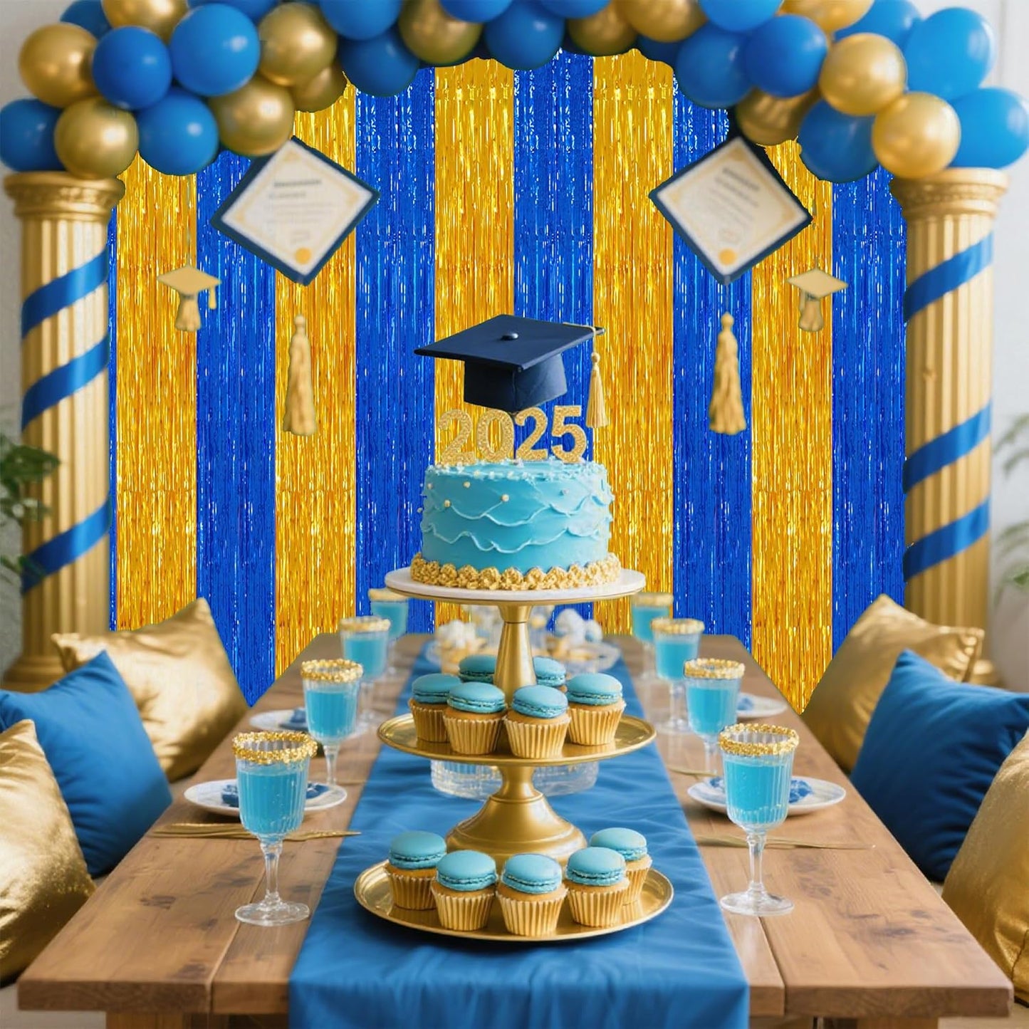 TONIFUL 2Pcs Blue Gold Door Streamers,Green Photo Booth Backdrop,Metallic Streamers Green Foil Fringe Curtains for Birthday,Christmas,New Year,St. Patrick's Day Party Streamers Decor