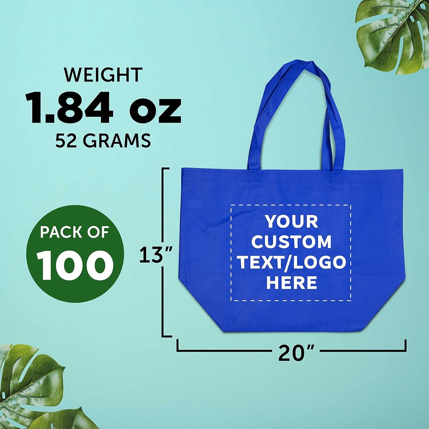 DISCOUNT PROMOS Custom Southern Style Grocery Tote Bags Set of 100 - Personalized Bulk Pack, Reusable Grocery & Shopping Bags - Great for Travel, Carry on Bag, Business Promotions - Blue - 20"X13"X8"