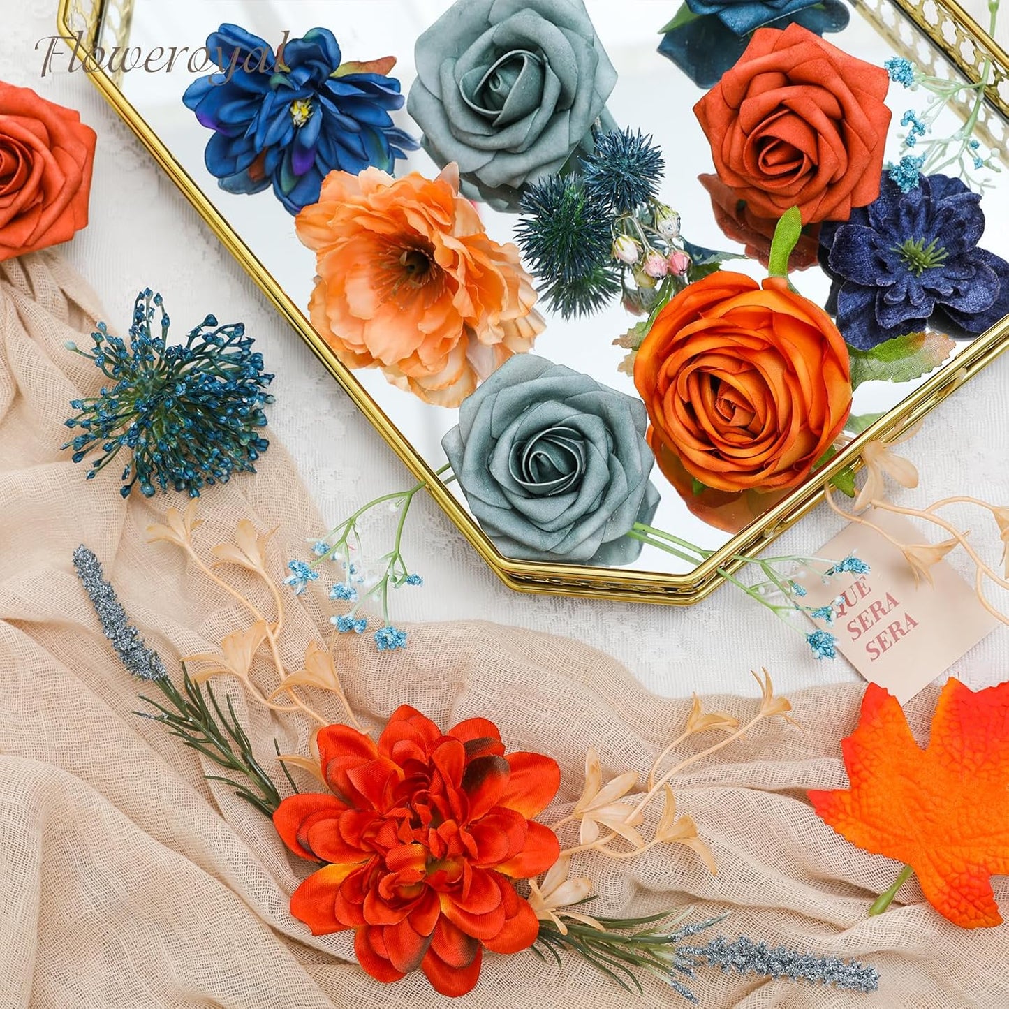 Floweroyal Artificial Flowers Combo Orange Flowers Mix Silk Flowers Dahlia Roses with Stems for DIY Wedding Bridal Bouquets, Baby Shower, Floral Arrangement, Table Centerpieces, Home Decorations.