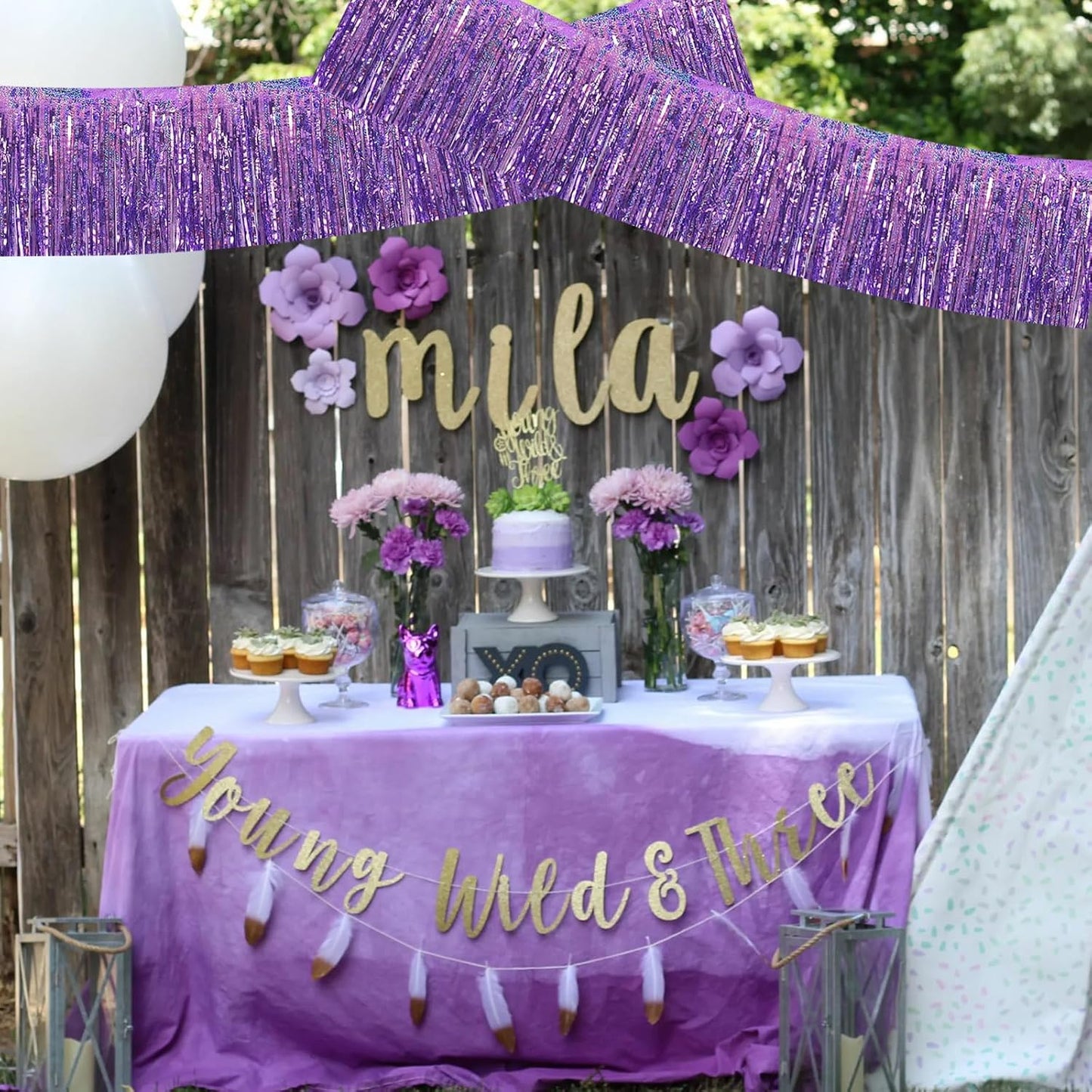 BEISHIDA 3 Packs Metallic Foil Fringe Garland Laser Light Purple Wall Hanging Tinsel Fringe Banners for Car Floats Bridal Shower Wedding Birthday Easter Graduation Holiday Party Decoration(30 Feet)