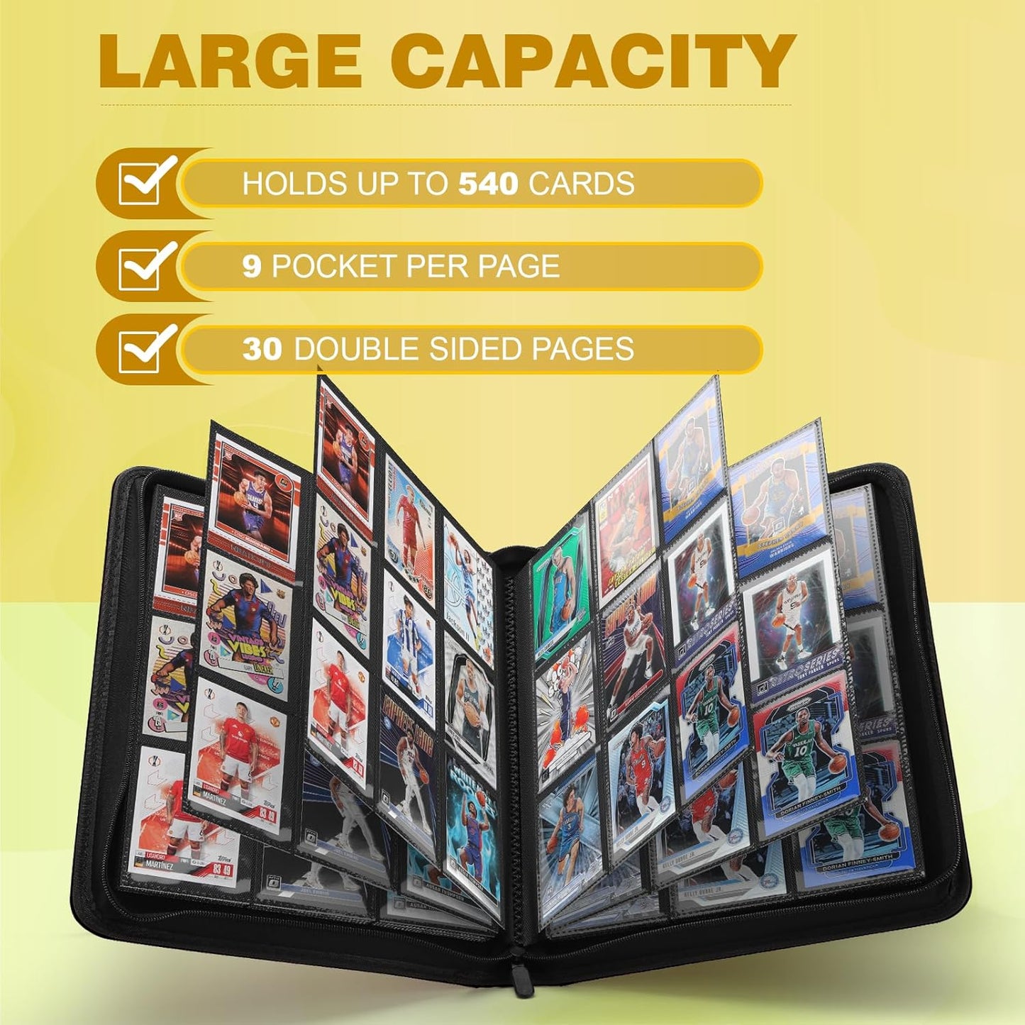 Trading Card Binder, Card Binder 9 Pocket for Trading Cards, Holds 540 Cards, Zippered Premium Card Collection Binder Album for Game Card, Sports Card, Yugioh, MTG (Black)