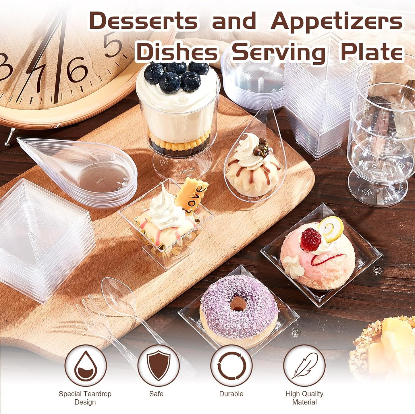 Tessco for you 160 Pcs Mini Appetizer Plates Dessert Cups Spoons Forks Set Dessert Containers Assorted Shape Plastic Parfait Cups Disposable Spoon Forks for Party Serving (Clear)