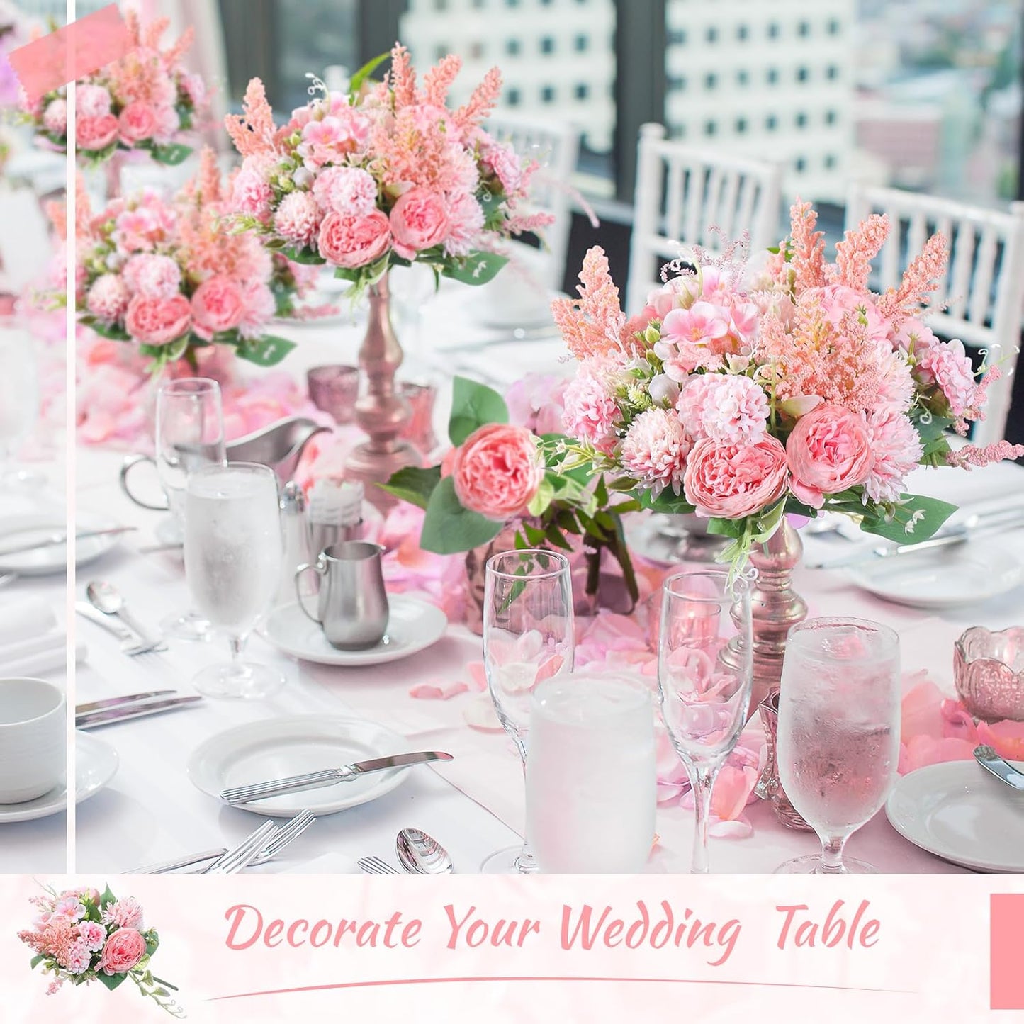 Zeyune 8 Pcs Wedding Silk Flowers Fake Silk Flowers Faux Bouquet Hydrangea Bouquets for Wedding Birthday Party Table Centerpieces Home Decoration(Pink,Peony)