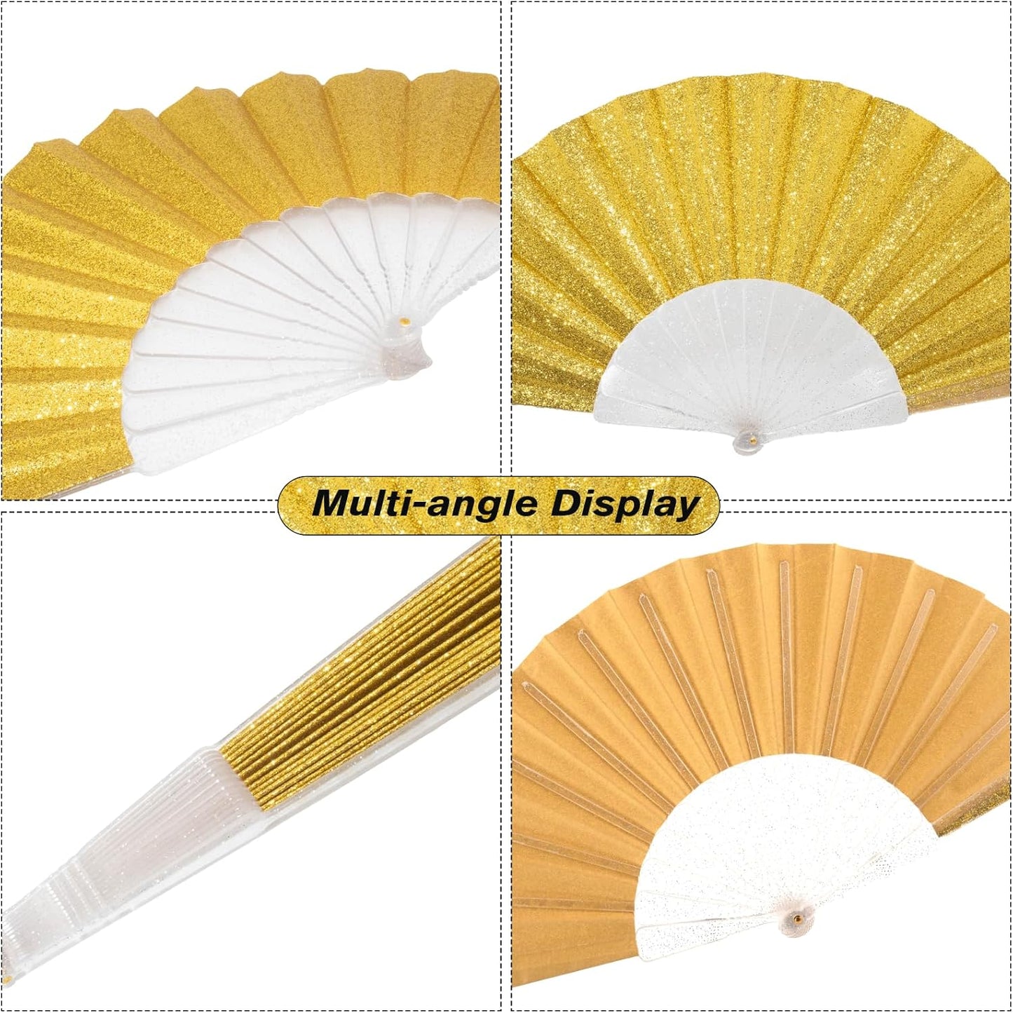 12 Pack Handheld Fan,Folding Hand Glitter Fan with Shining Transparent Fan Rib – Ideal for Wedding, Church, Festival, Dance, Tea Party, Club, and EDM Accessories, Yellow