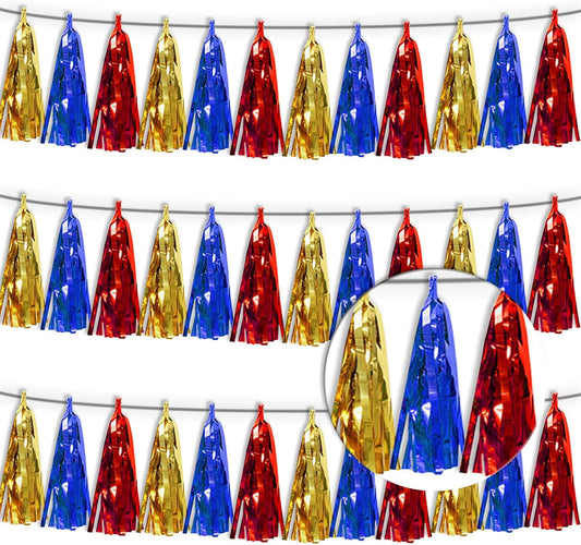 3P Gold Blue Red Foil Fringe Tassel Banner Metallic Tinsel Streamer Garland Wall Curtain Backdrop for Parade Floats, Graduation, Halloween, Christmas, Baby Bridal Shower Party Decorations