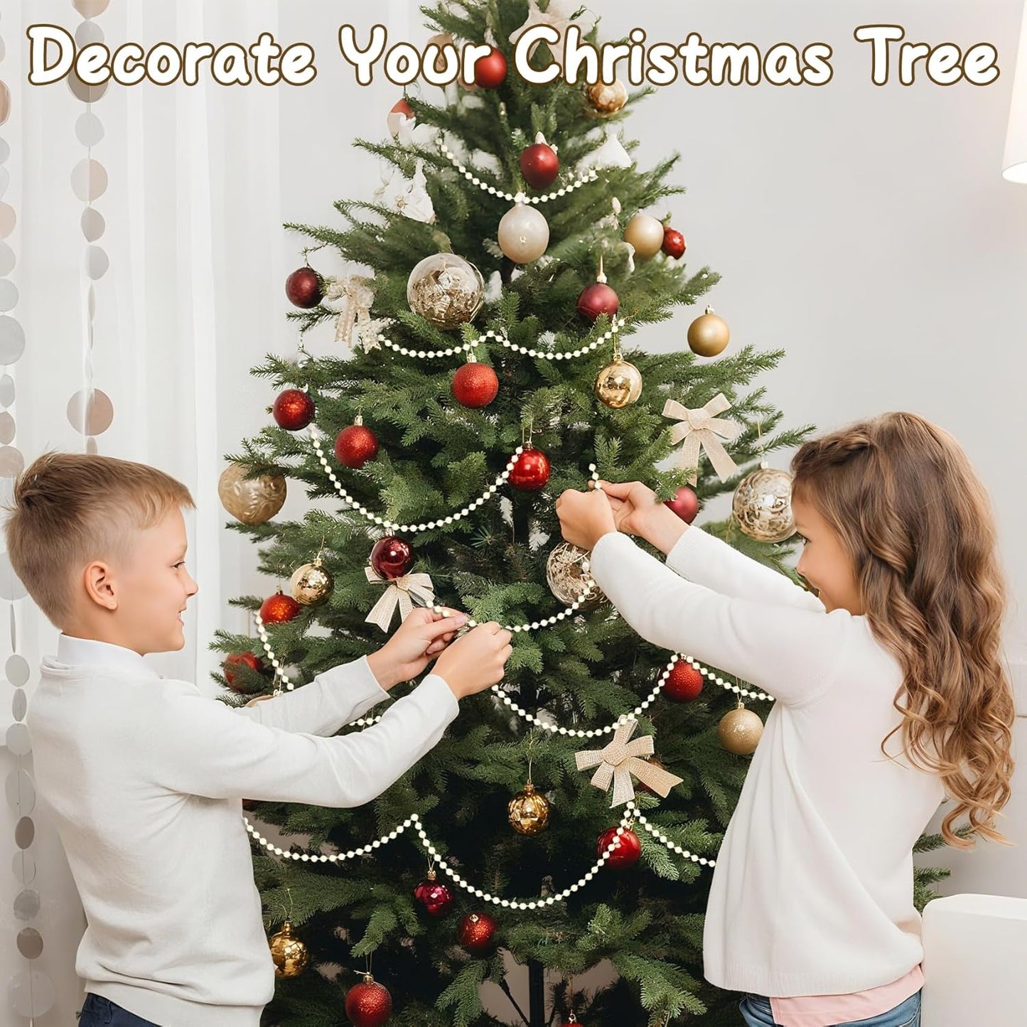 Pearl Beads Garland, 6 MM Ivory Faux String of Pearls 82FT Pearl Garland for Christmas Tree Pearls Beads Strand Spool Bead Roll for Crafts Floral Centerpieces Wedding Party Christmas Tree Decorations