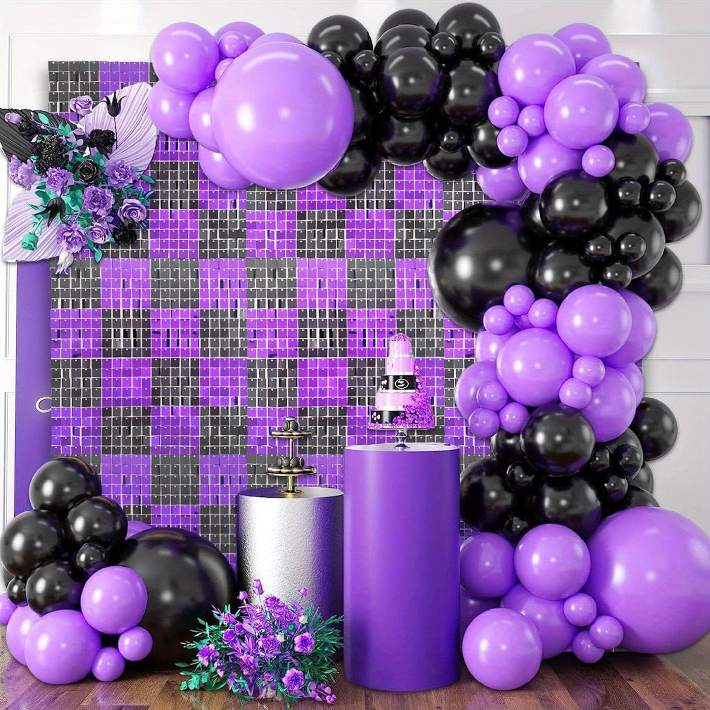 12PCS Black Purple Shimmer Wall Backdrop, Square Sequin Photo Backdrops Panel, Glitter Wall Background for Birthdays, Weddings, Christmas, Engagements, Halloween Party Decor (3FTx4FT)