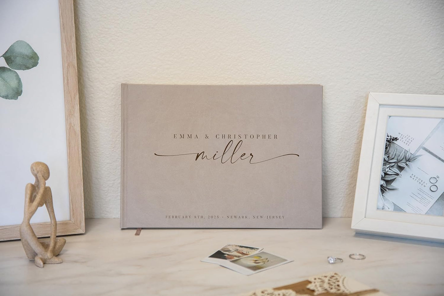 Personalized Guest Book - 11.5" x 8.5" Custom Bride & Groom Names with Bookmark and Hard Cover 140 GSM Blank Pages, for Weddings Guest Book, Engagements, Birthdays, Special Events, Taupe