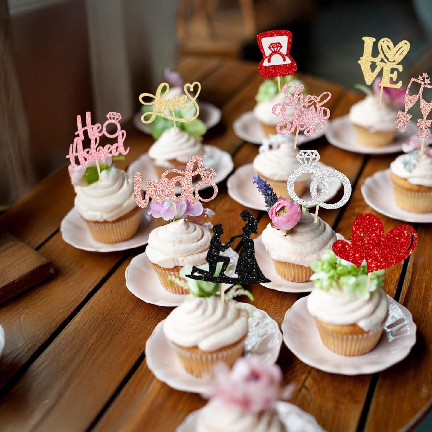 Ephlyn 30Pcs He Asked She Said Yes Cupcake Toppers Glitter Engagement Cupcake Toppers Diamond Ring Heart Love I Do Cupcake Picks for Engagement Wedding Party Cake Decorations Multicolor