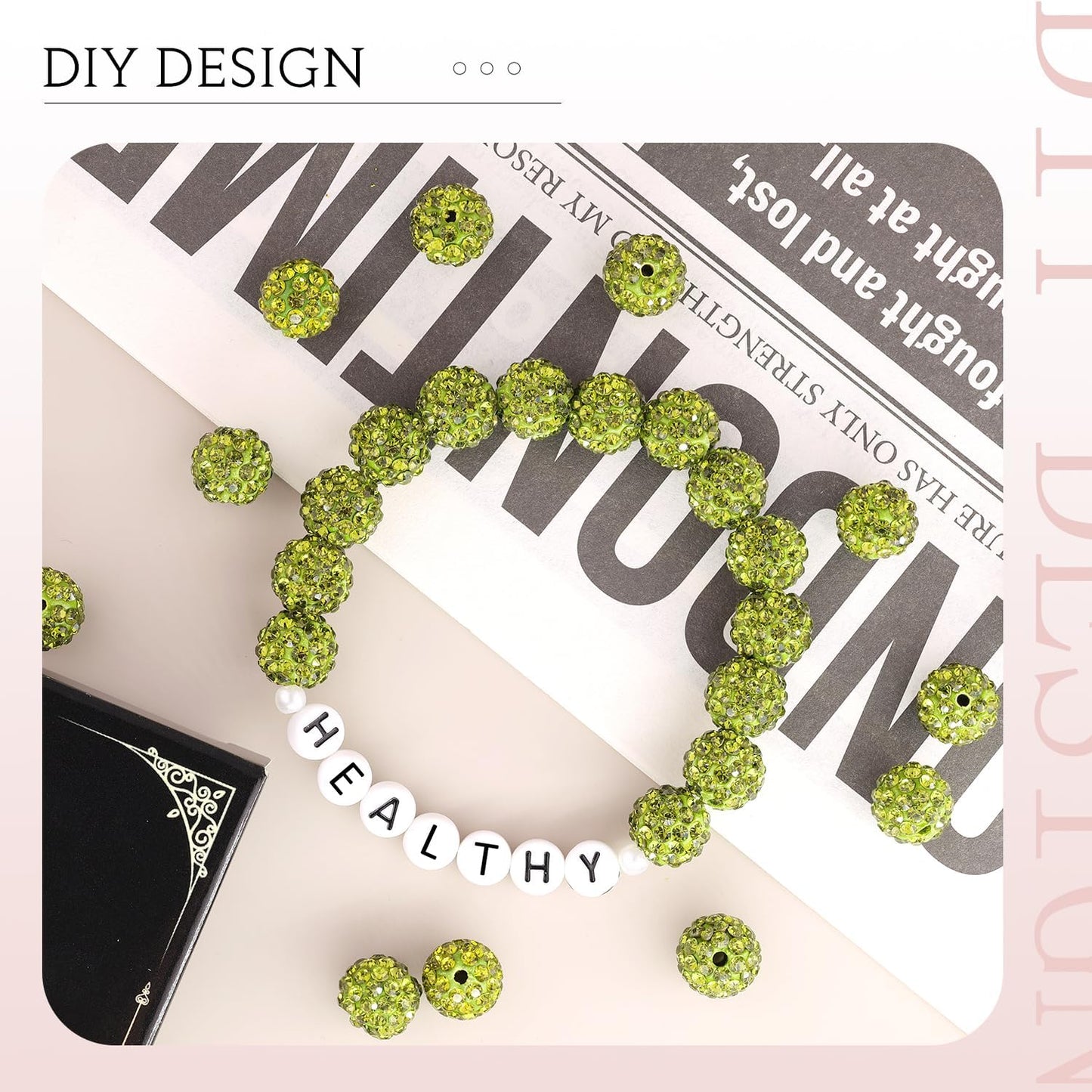 150 pcs 10mm Rhinestone Beads for Jewelry Making, Olivine Shiny Round Shamballa Disco Beads Bulk, Sparkle Crystal Clay Christmas for Bracelet Baseball Necklace Earring Crafting and DIY