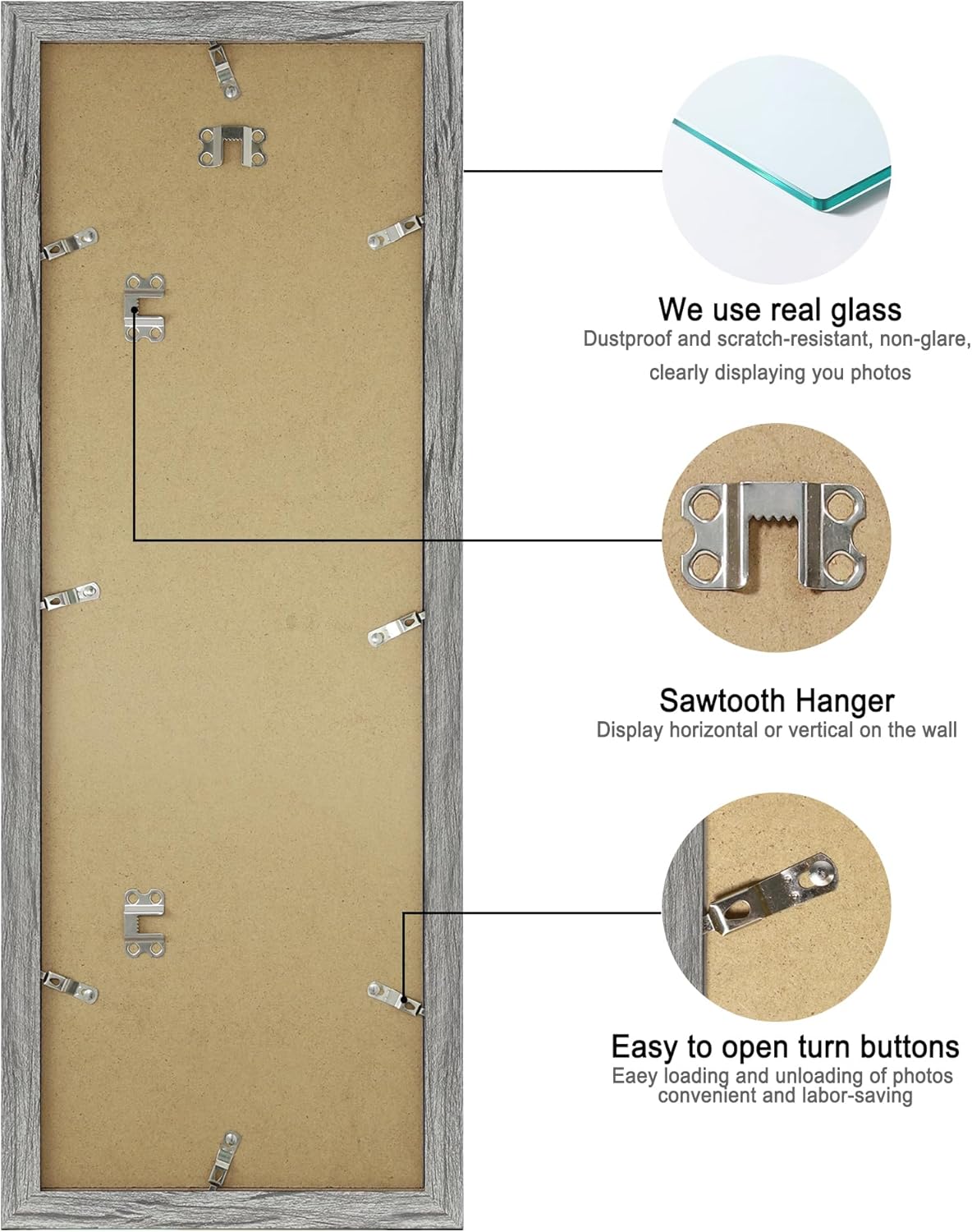 8x24 Picture Frame 2 Pack, Rustic Grey Wood Frame with Tempered Glass, Display Pictures Multiple Five 4x6 With Mat or 8 x 24 Without Mat - Horizontal or Vertical Wall Mounting