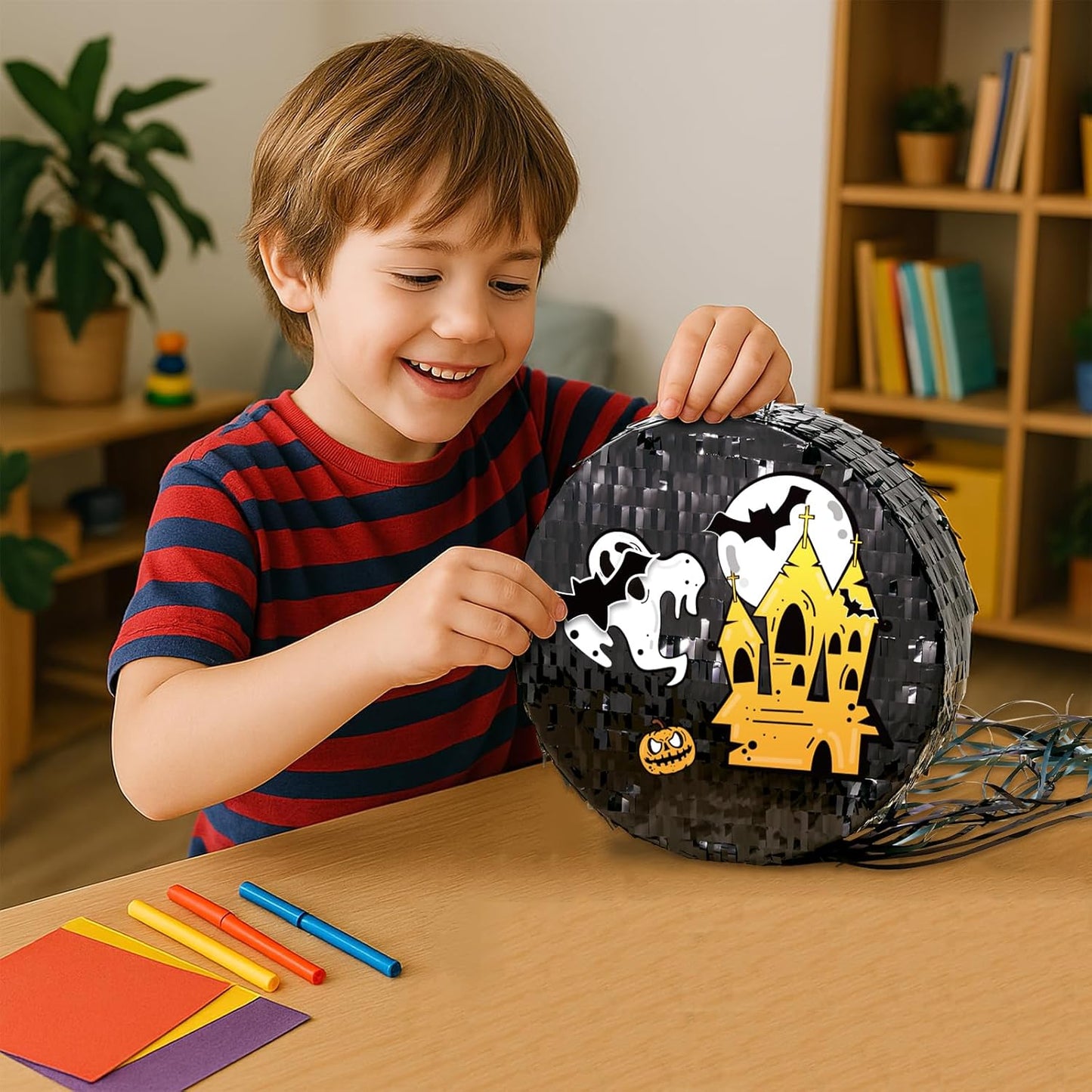 WERNNSAI Black Round Pinata for DIY - Halloween Black Moon Pinata for Kids DIY Birthday Party Disco Decoration for Adult Night Party Supplies with Confetti Bat Blindfold, 12.2”x 12.2”