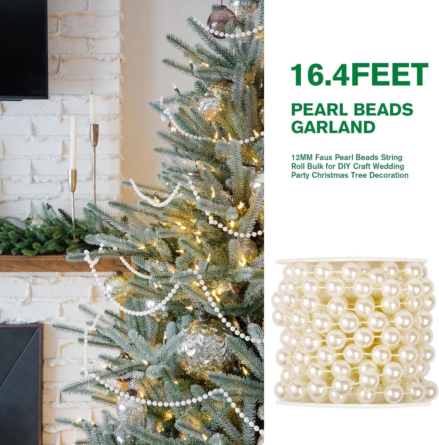 [16.4Feet] Pearl Beads Garland, 12MM 5.4 Yards Faux Pearl Beads String Roll Bulk for DIY Craft Wedding Party Christmas Tree Decoration