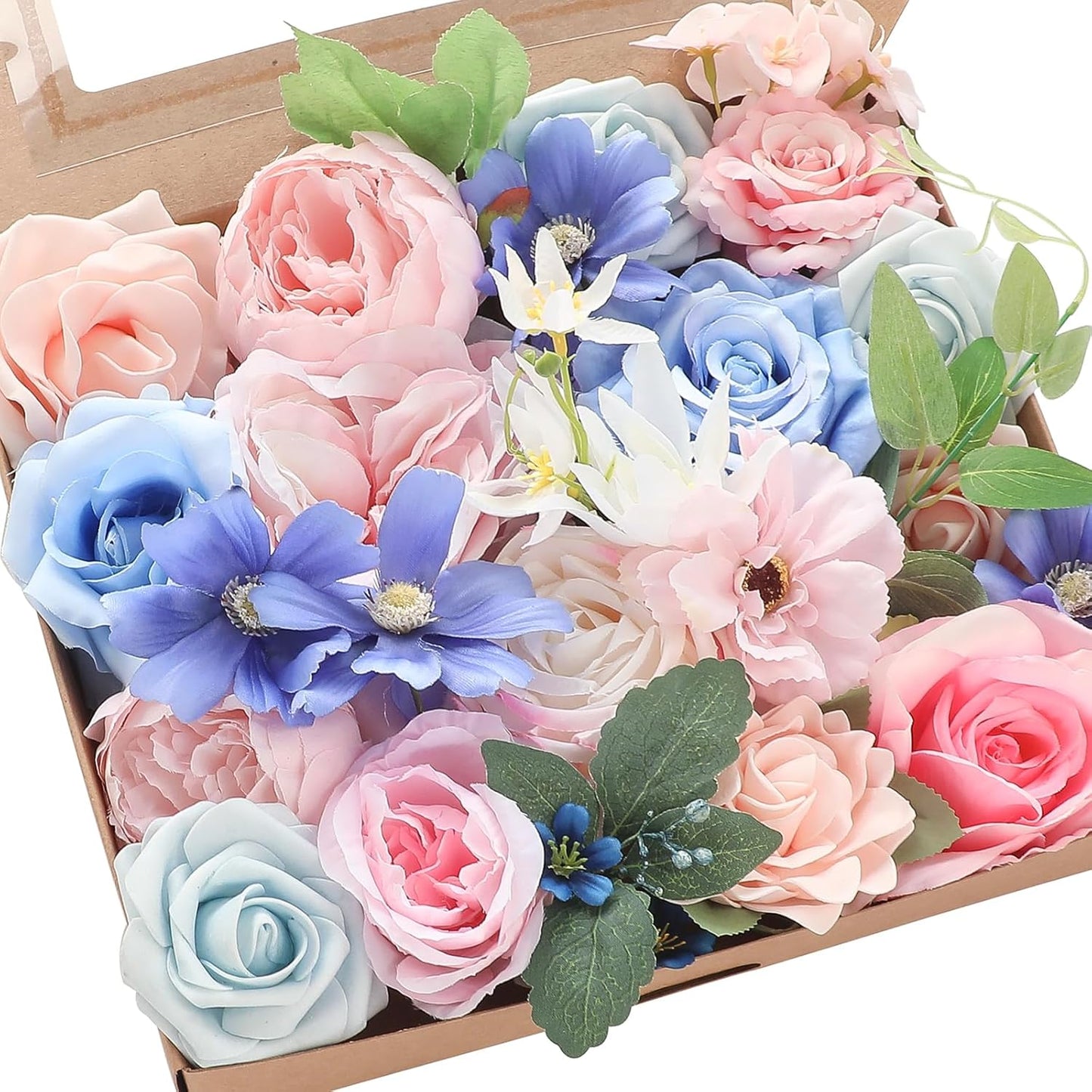 Floroom Pink Blush Blue Artificial Flowers Fake Roses Peonies and Greenery Combo Box Set for DIY Wedding Bouquets Bridal Shower Centerpieces Floral Arrangements Party Tables Home Decorations