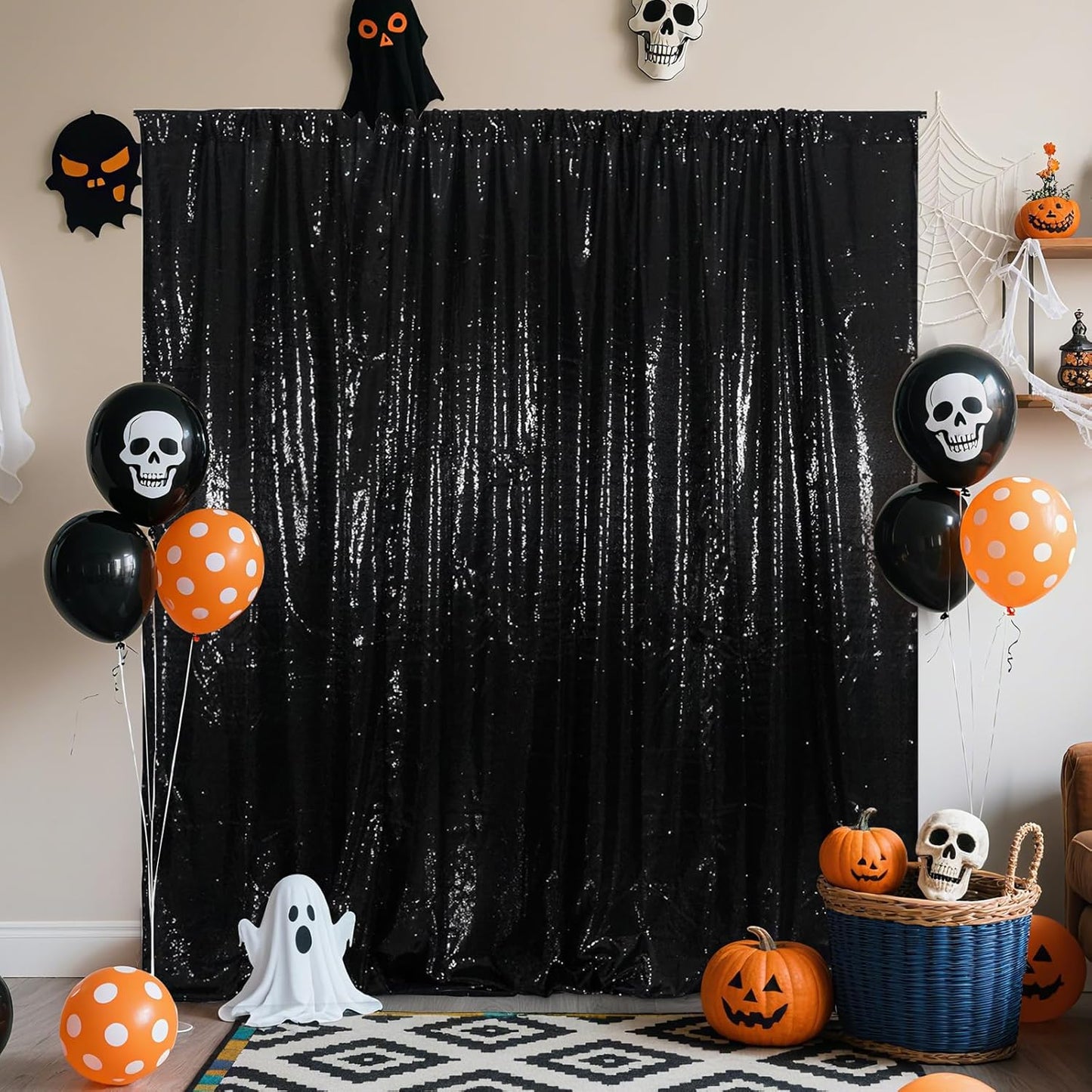 Poise3EHome 6Ft x 8Ft Black Sequin Backdrop, Glitter Thick Satin Background Drapes, Sparkly Opaque Photography Curtain, Sequence Xmas Thanksgiving Backdrop for Wedding Party Holiday Festival Decor