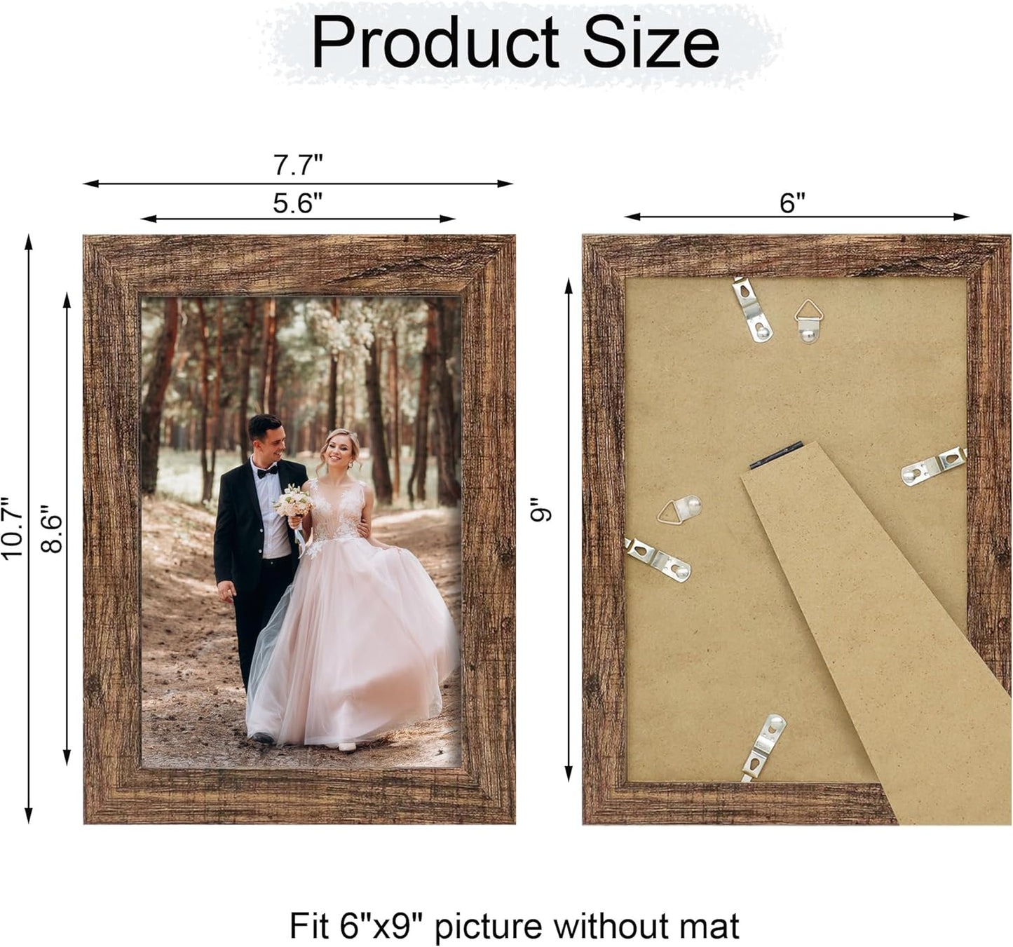 6x9 Picture Frame Set of 4, High Definition Real Glass Rustic Wood Frame, 6 x 9 Photo Frames for Tabletop Display and Wall Mounting