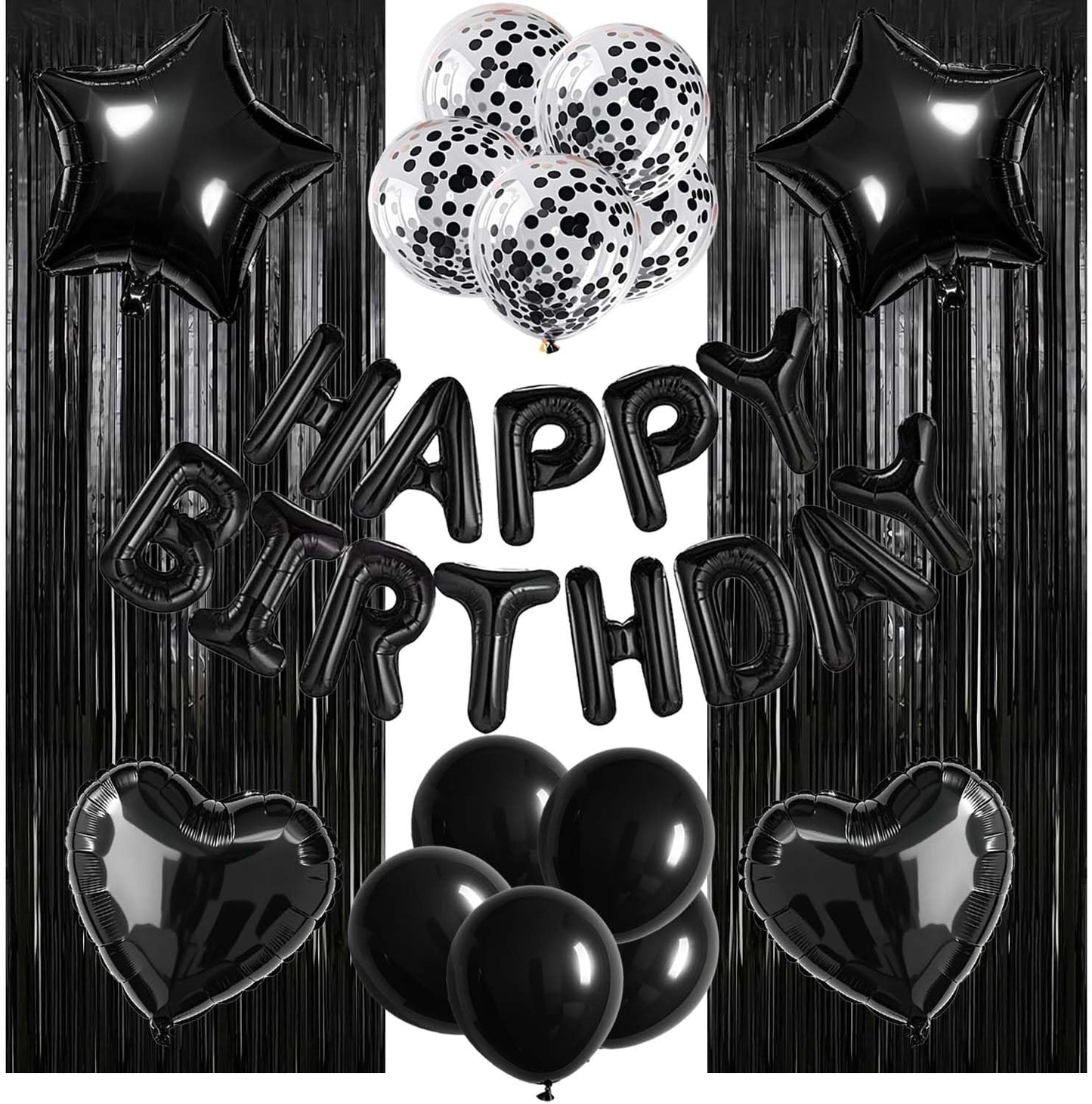 29 Pcs Black Birthday Party Decorations - Happy Birthday Balloons Banner, Heart & Star Foil Balloons, Confetti & Latex Balloons, Foil Fringe Curtains Party Supplies for Men