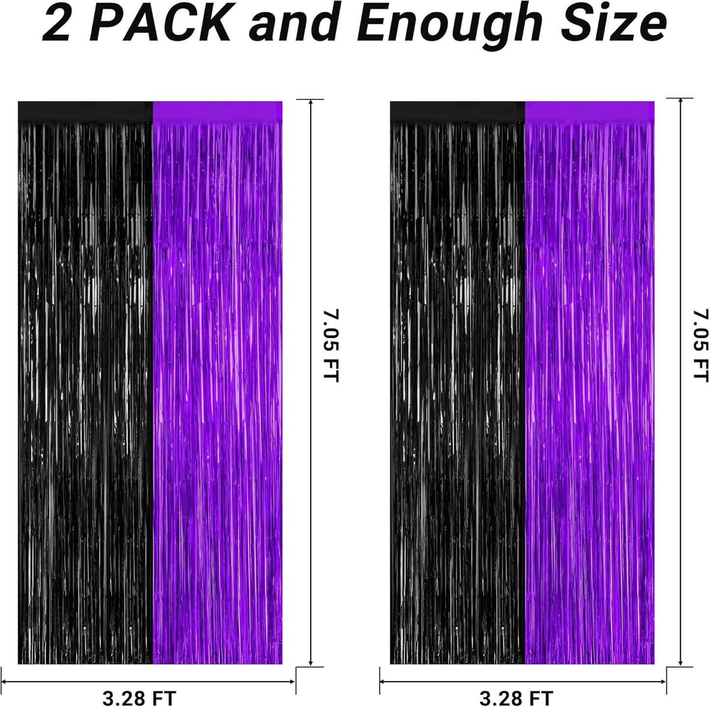 2 Pack Halloween Decor, 3.28 FT x 7.05 FT Purple and Black Foil Streamer, Metallic Fringe Curtains Tinsel Backdrop Party Streamer, Indoor Halloween Decorations Party Supplies Photo Booth Props